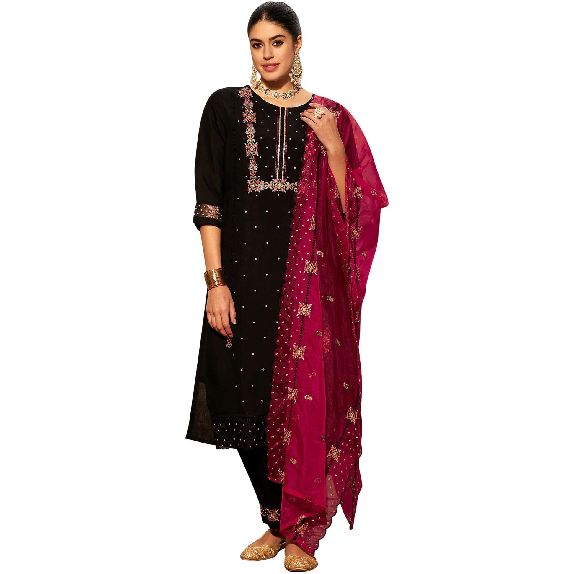 Indo Era Women's Embroidered Silk Blend Calf Length Straight Kurta & Pant With Dupatta Set (Shutr7625_X-Small) Black