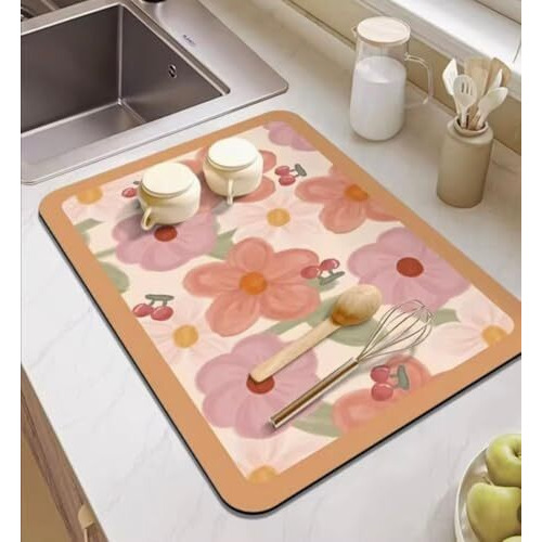 Homecloud Dish Drying Mat For Kitchen Counter Hide Stain Super Absorbent, Non-Slip, Heat-Resistant, Great For Dishes,Rack Pad, Kitchen Counter, Coffee Maker, Coffee Item (Peach, 40X50Cm)
