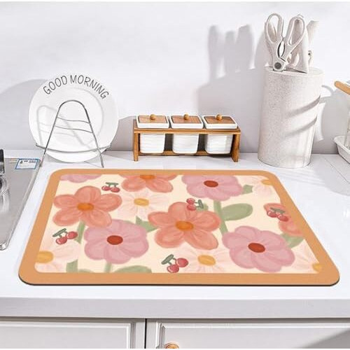 Homecloud Dish Drying Mat For Kitchen Counter Hide Stain Super Absorbent, Non-Slip, Heat-Resistant, Great For Dishes,Rack Pad, Kitchen Counter, Coffee Maker, Coffee Item (Peach, 40X50Cm)