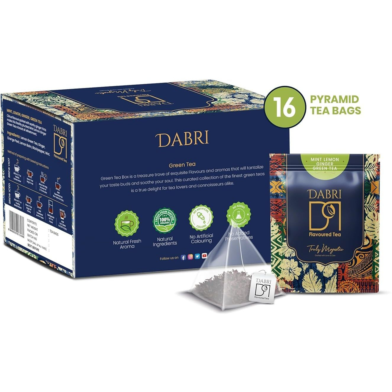 Dabri Mint Lemon Ginger Detox Green Tea - 16 Tea Bags (Pack Of 2)| Build Immunity,Eases Digestion Upset & Maintains Body To Weight Ratio|Freshens Breathe With Lemon Grass,Mint Leaves,Dry Ginger