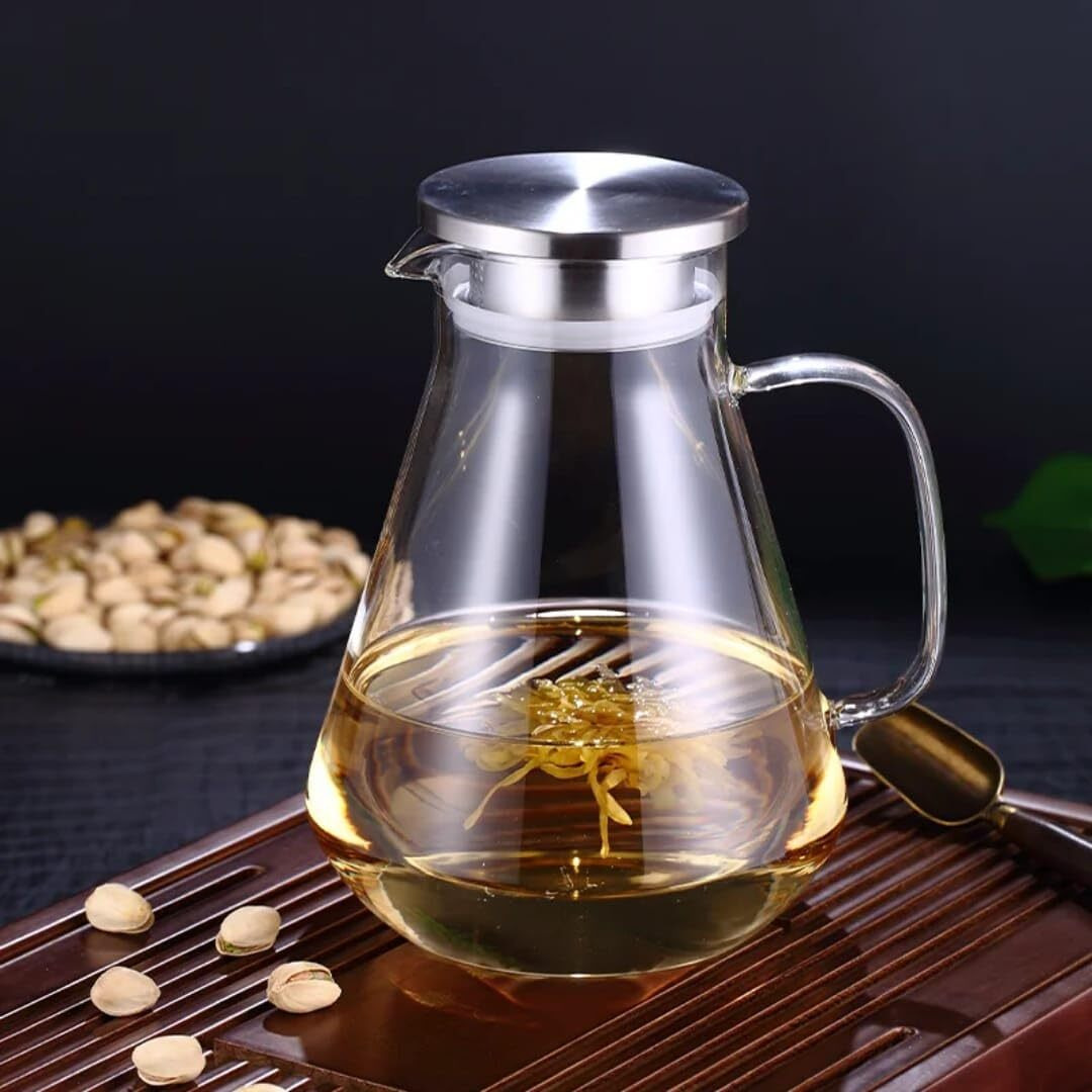 Kikiluxxa Borosilicate Water Jug 1.9 Litre, Stainless Steel Air Tight Lid,Iced Tea Pitcher, Water Jug, Hot Cold Water, Milk And Juice Beverage Carafes (Carezil Jug)