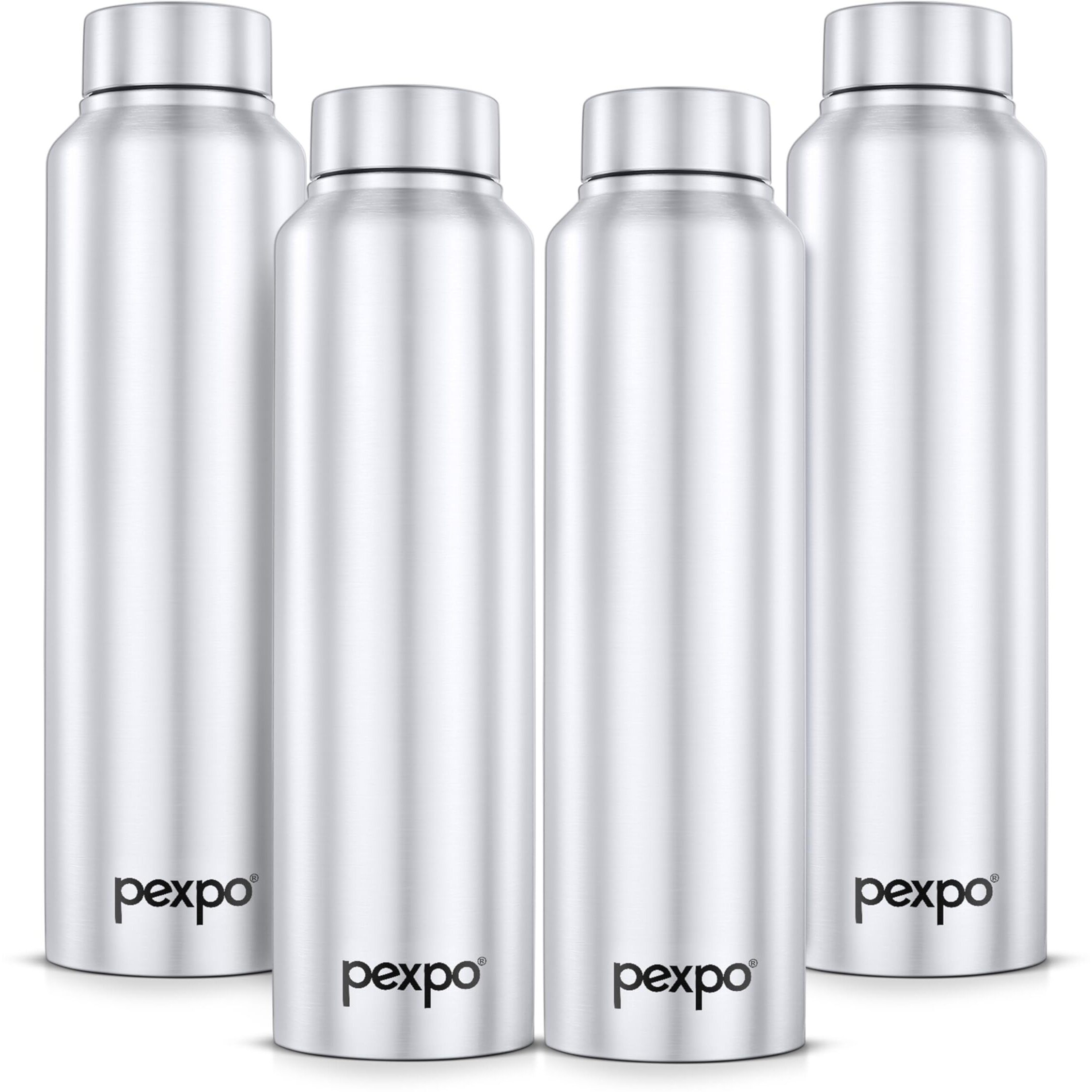 Pexpo Chromo Stainless Steel Sports/Fridge Water Bottle 1 Litre, Silver Pack Of 4 | Eco Friendly | Bpa Free | Water Bottle For Office, Gym, School, Yoga, Trekking, Men, Women And Kids
