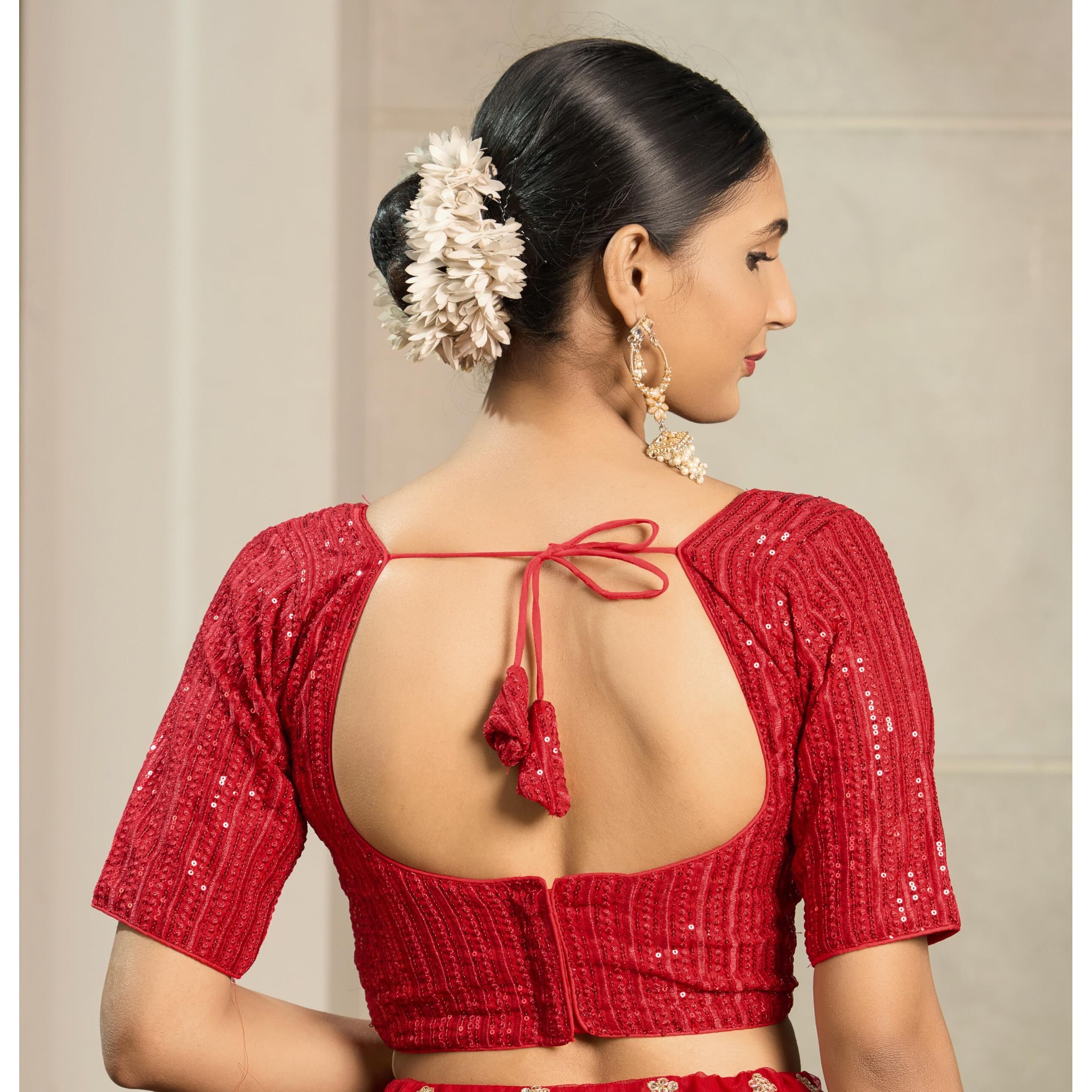 Pujia Mills Women's Indian Ethnic Wear Designer Silver Sequence With Matching Embroidered Work V Neck Half Sleeve Readymade Padded Saree Blouse Readymade Unique Red Color Saree Blouse