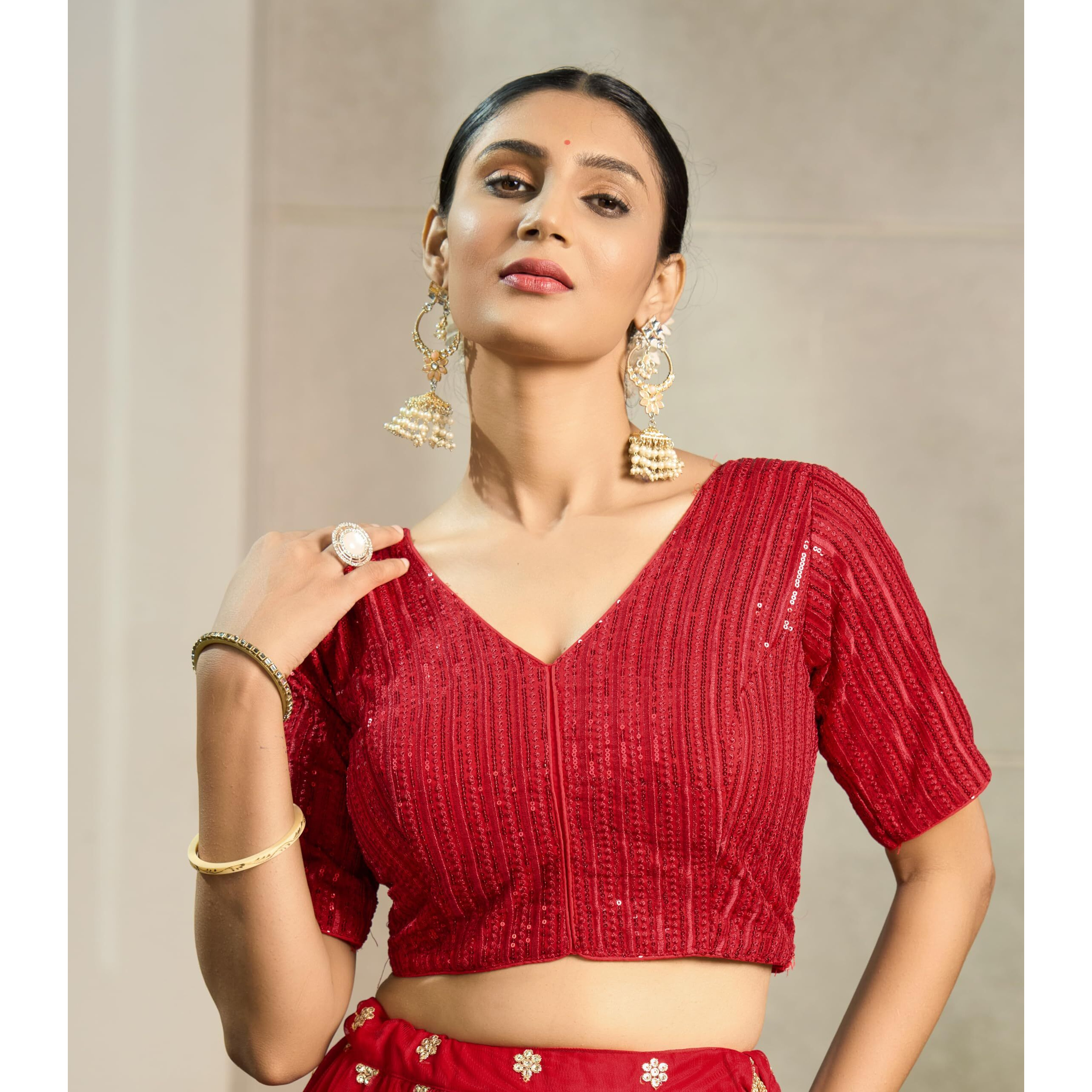 Pujia Mills Women's Indian Ethnic Wear Designer Silver Sequence With Matching Embroidered Work V Neck Half Sleeve Readymade Padded Saree Blouse Readymade Unique Red Color Saree Blouse