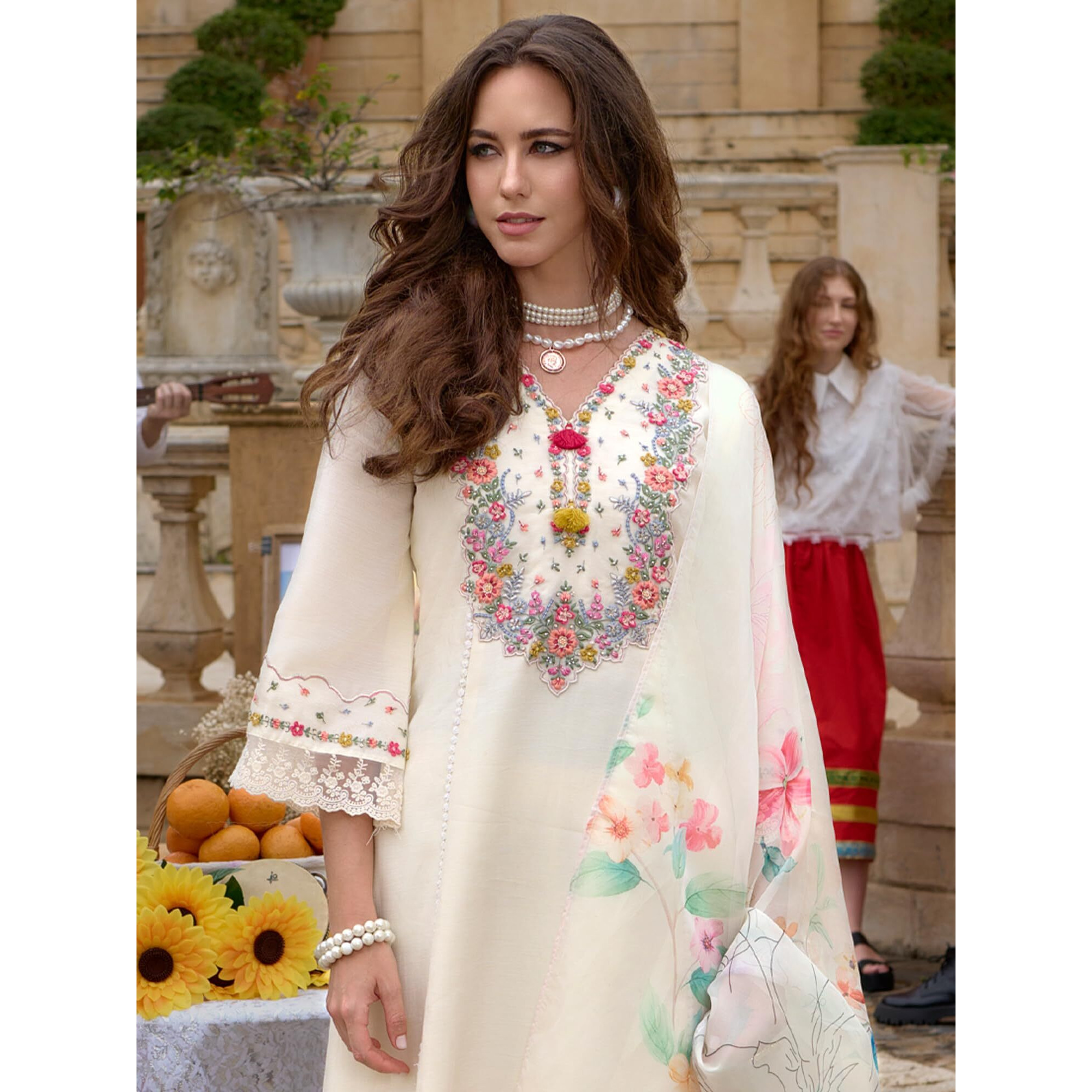 Indo Era Women's Off White Silk Blend Embroidered A-Line Kurta & Pant With Dupatta Set (Ieout6682_X-Small)