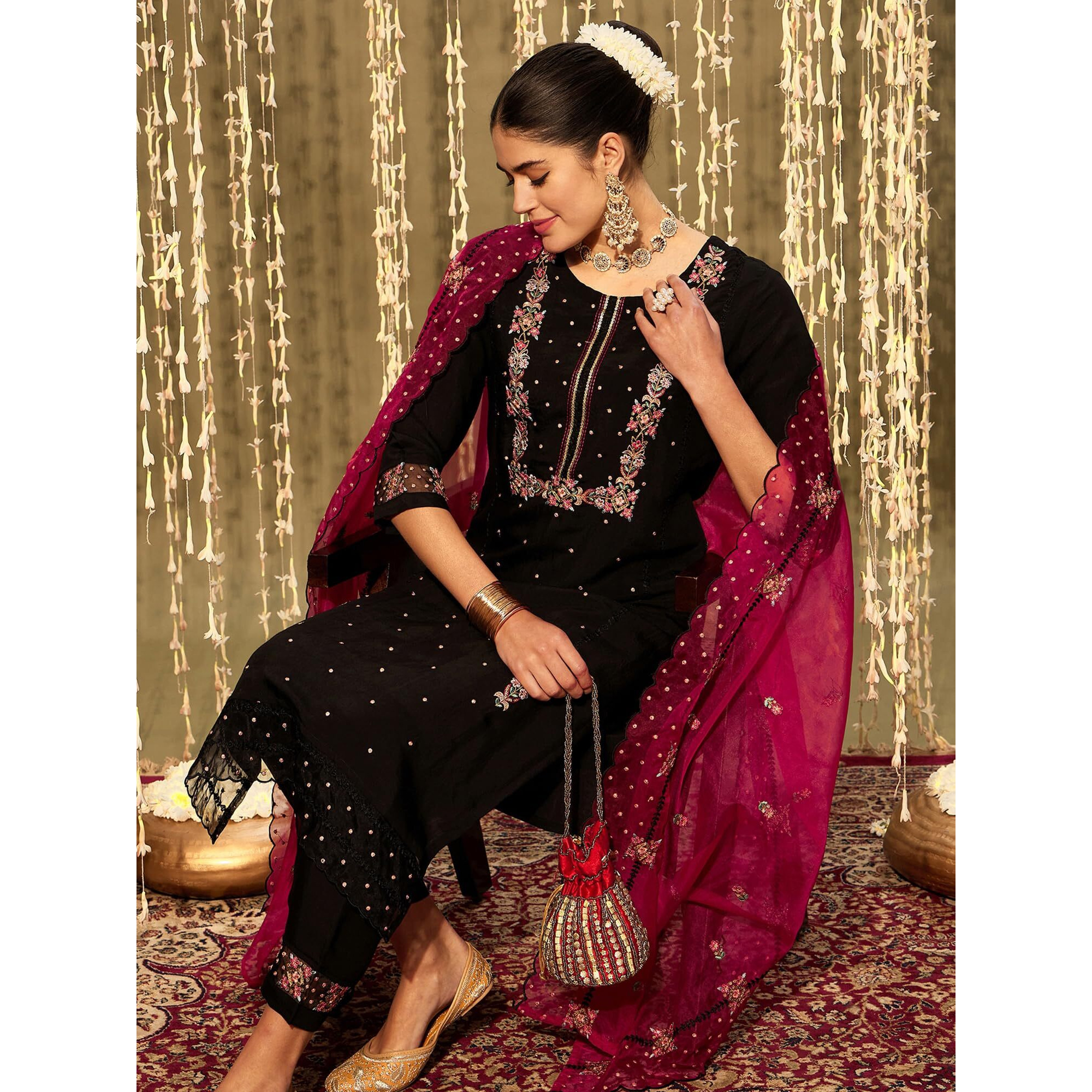 Indo Era Women's Embroidered Silk Blend Calf Length Straight Kurta & Pant With Dupatta Set (Shutr7625_X-Large) Black