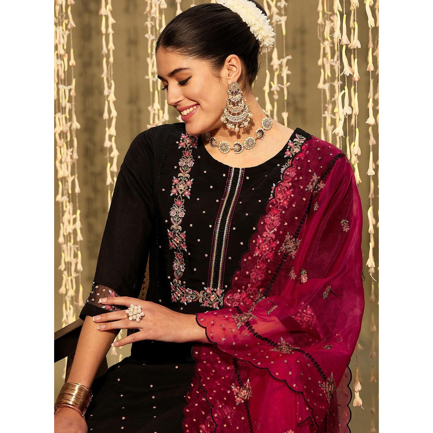Indo Era Women's Embroidered Silk Blend Calf Length Straight Kurta & Pant With Dupatta Set (Shutr7625_X-Large) Black