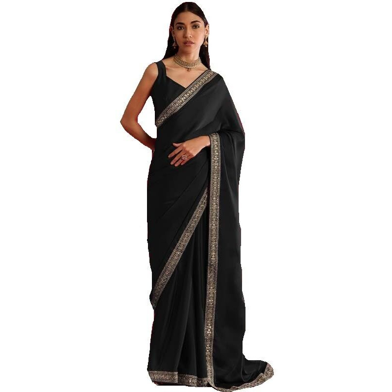 Rajeshwar Fashion With Rf Embroidered Work Lace Border Satin Chiffon Designer Plain Saree For Women With Unstitched Blouse_Black
