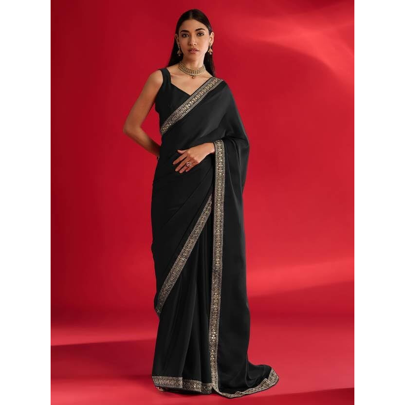 Rajeshwar Fashion With Rf Embroidered Work Lace Border Satin Chiffon Designer Plain Saree For Women With Unstitched Blouse_Black