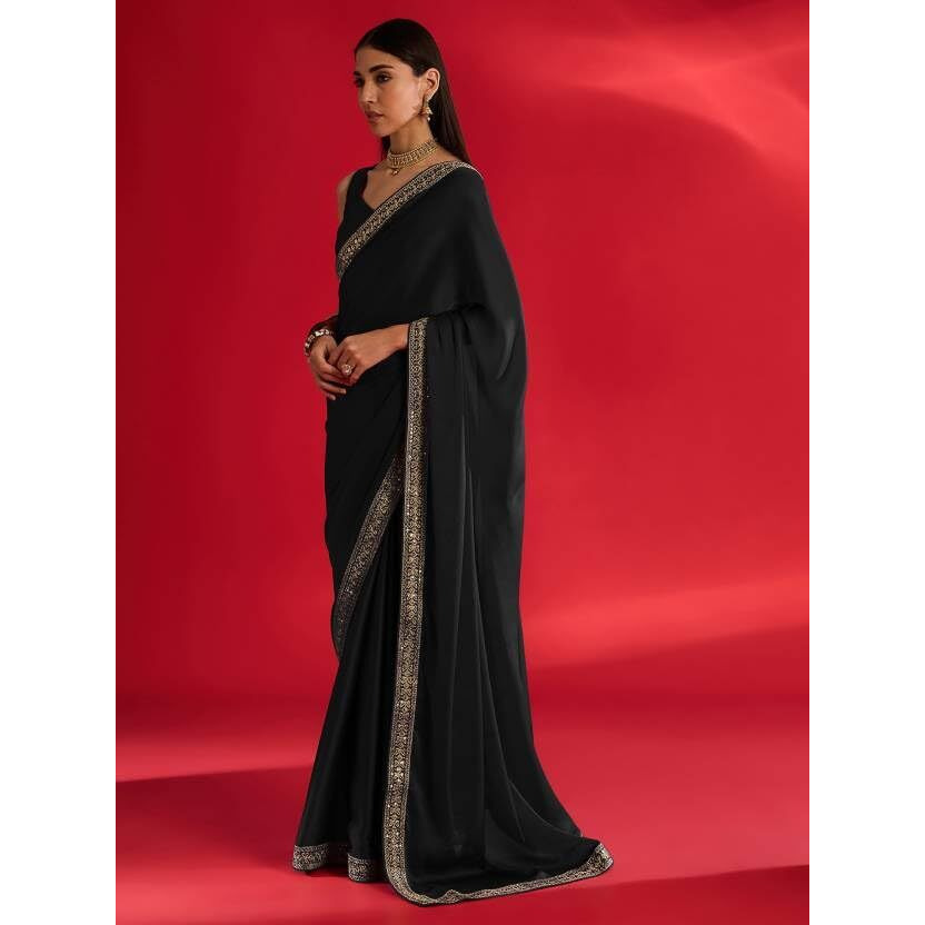 Rajeshwar Fashion With Rf Embroidered Work Lace Border Satin Chiffon Designer Plain Saree For Women With Unstitched Blouse_Black