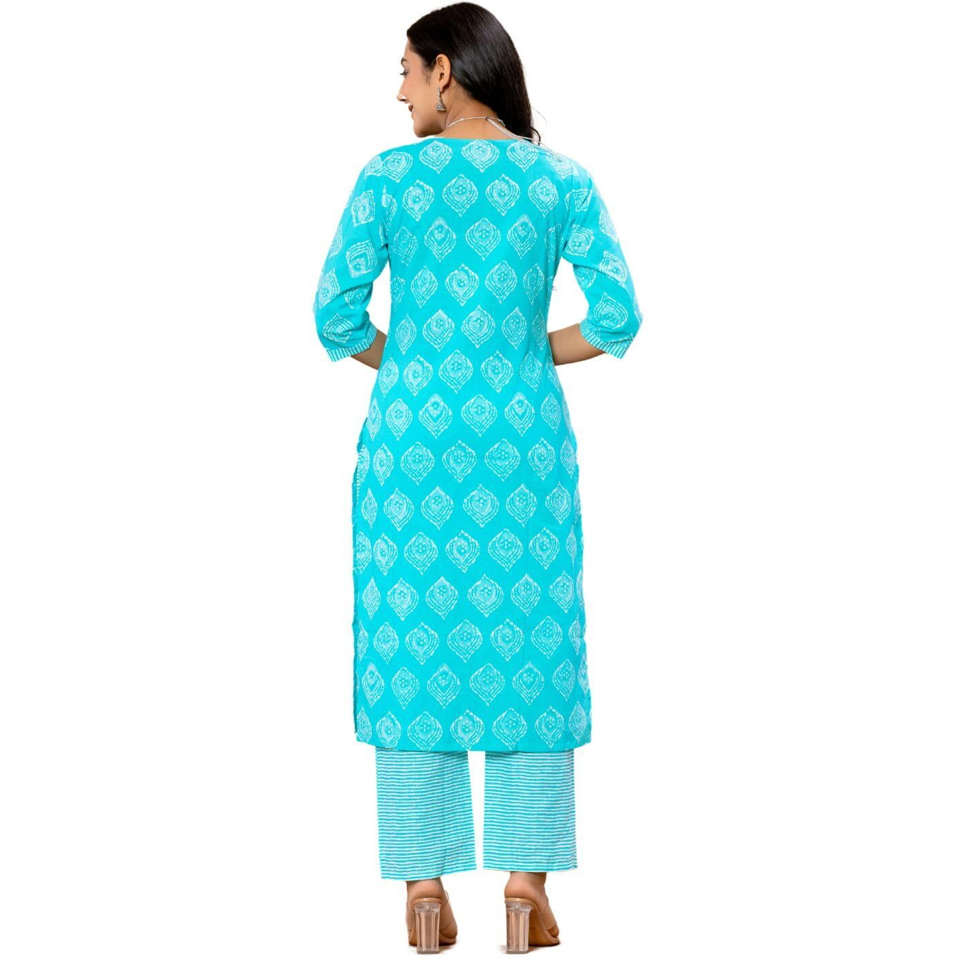 Amayra Women's Cotton Embroidered Straight Kurta With Palazzo Pant And Dupatta Set(Tck566,Turquoise,M)