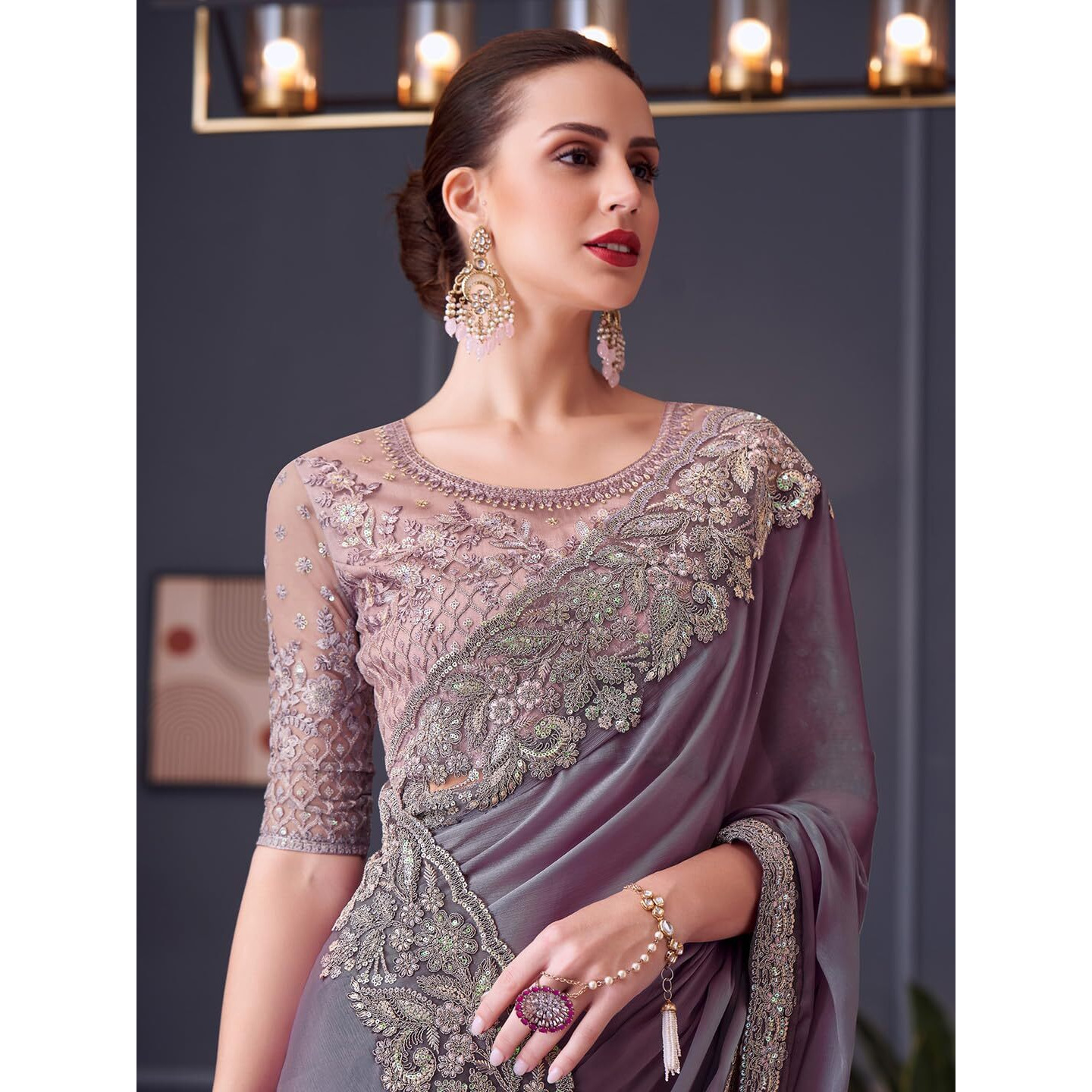 Akhilam Women's Violet Pure Chiffon Embroidered Saree With Unstitched Blouse (Silver30004_Tfh)