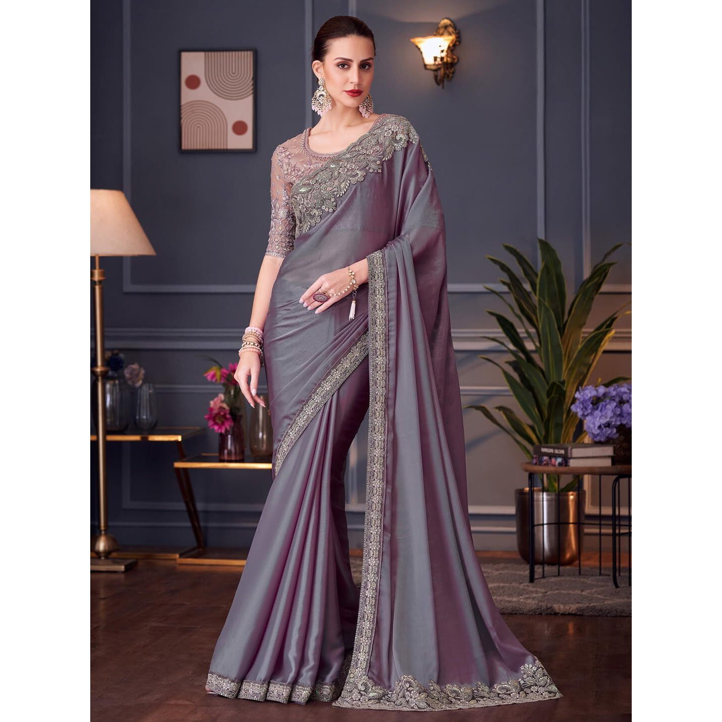 Akhilam Women's Violet Pure Chiffon Embroidered Saree With Unstitched Blouse (Silver30004_Tfh)