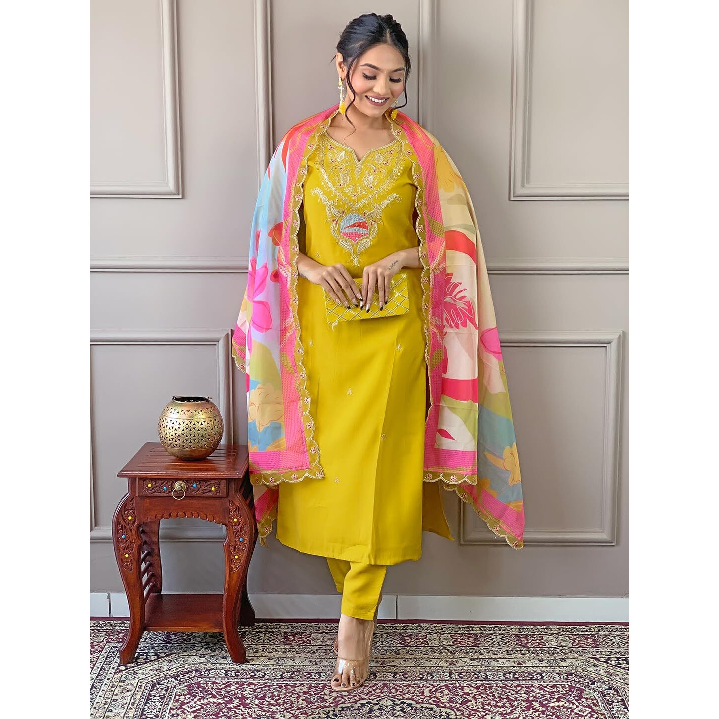 Naixa Women's Yellow Viscose Embroidered Flared Kurta With Viscose Pant And Silk Blend Printed Dupatta Sets (Nx-474-Yellow-L)