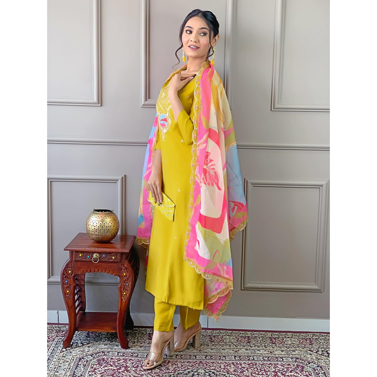 Naixa Women's Yellow Viscose Embroidered Flared Kurta With Viscose Pant And Silk Blend Printed Dupatta Sets (Nx-474-Yellow-L)