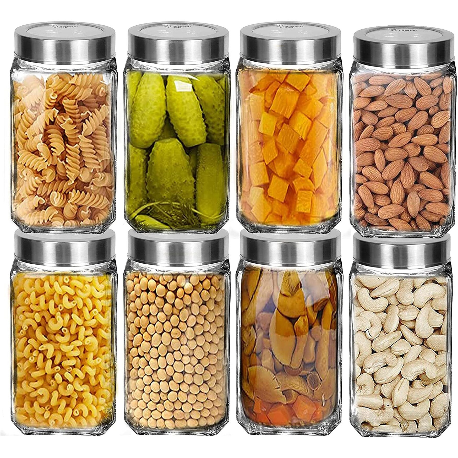 Brezzycloud Cubical Square Transparent Glass Jars & Containers For Kitchen Pantry, Snacks, Masala, Jams, Pickles, Cookies, Dry Fruits, Coffee Beans Storage 1Kg Glass Jar With Lid, 1Liter, Set Of 8