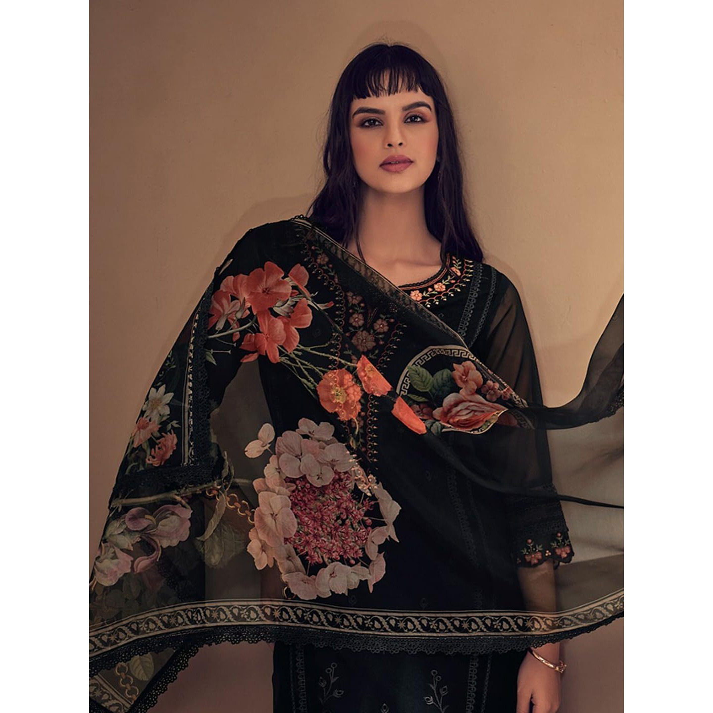Indo Era Organza Women's Black Embroidered Straight Kurta & Pant With Dupatta Set (Kh9Bk7996_Large)