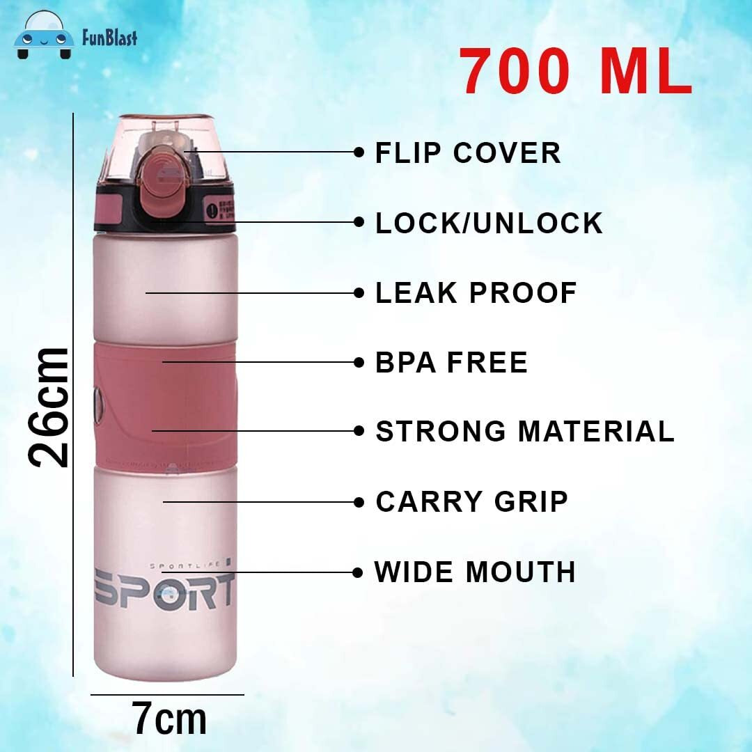 Funblast Unbreakable Water Bottle With Sipper And Straw, Bpa Free Drinking Bottle, Leak-Proof Water Bottle Ideal For Office, Sports, School, Gym (700 Ml, Pink) Polycarbonate & Polypropylene, Pack Of 1