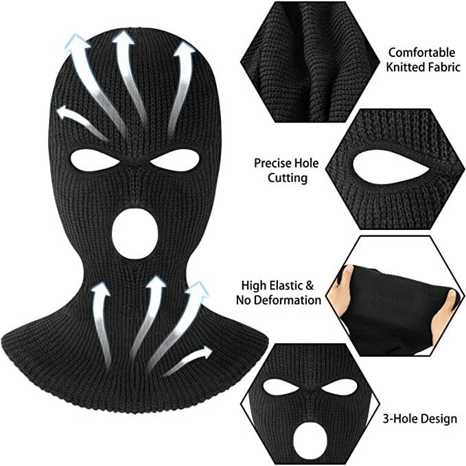 Street27 3 Hole Hat Winter Balaclava Warm Knit Knitted Full Face Ski Cover Mask Ribbed Beanie Hat, Men Women Outdoor Sports Knit Full Face Windproof Mask - Black