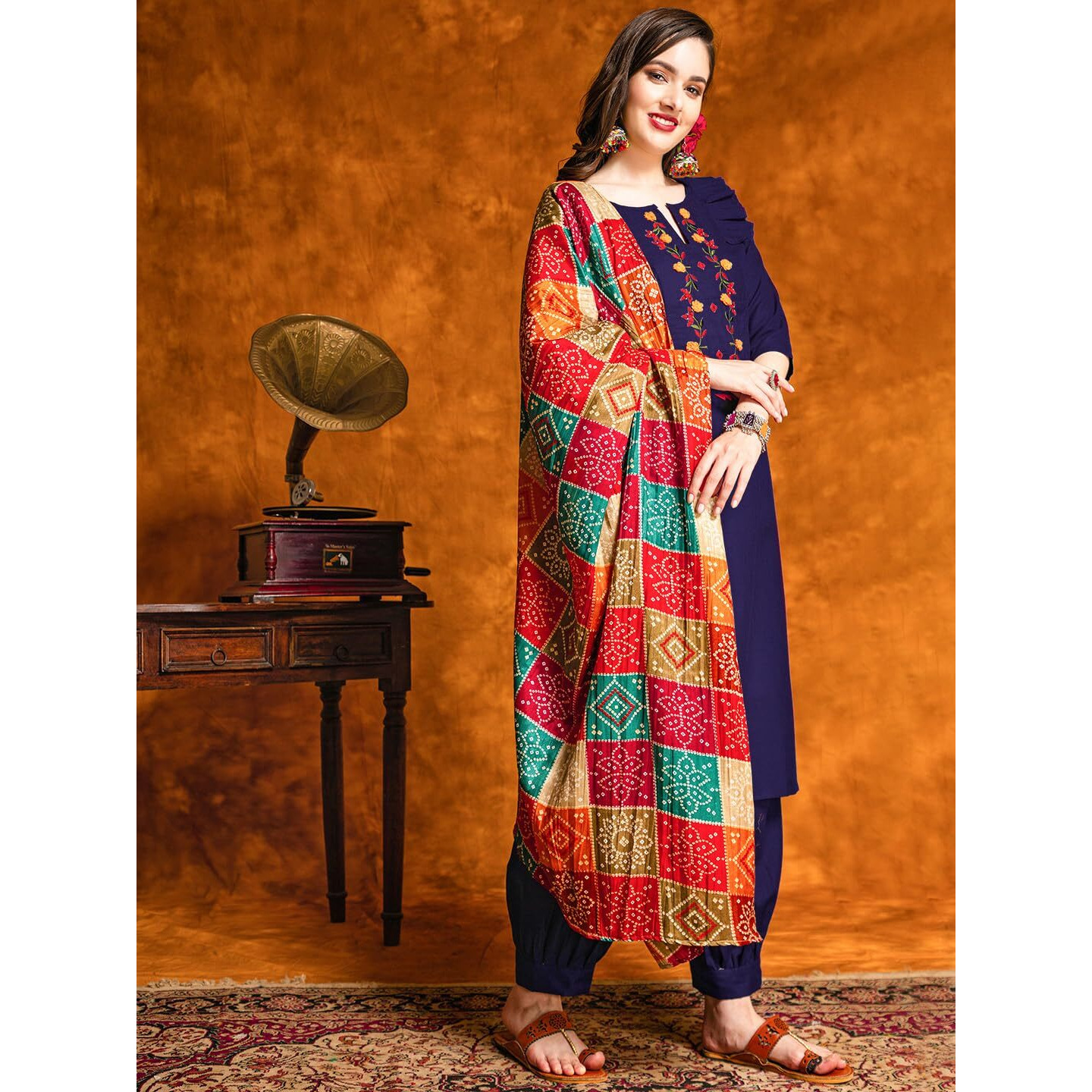 Ethnicjunction Women's Embroidered Mirror Work Cotton Straight Salwar Kurta Dupatta Set