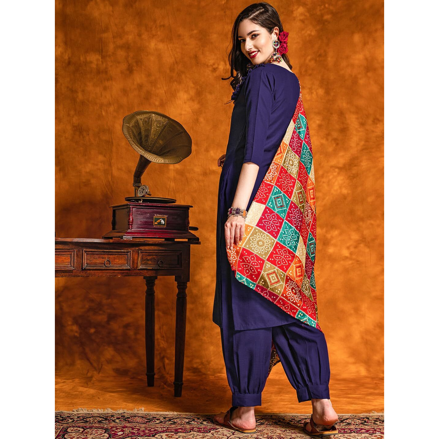 Ethnicjunction Women's Embroidered Mirror Work Cotton Straight Salwar Kurta Dupatta Set