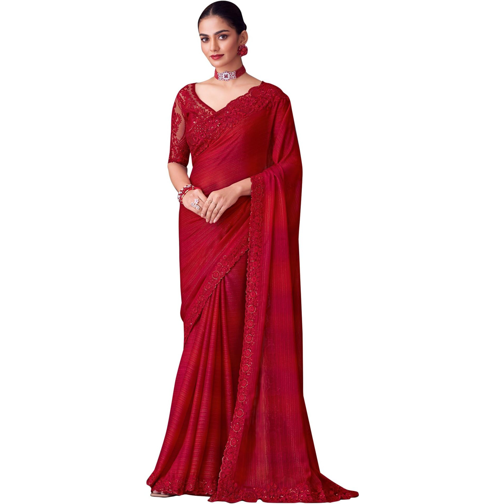 Akhilam Women's Red Pure Georgette Embroidered Saree With Unstitched Blouse (Silver30009_Tfh)