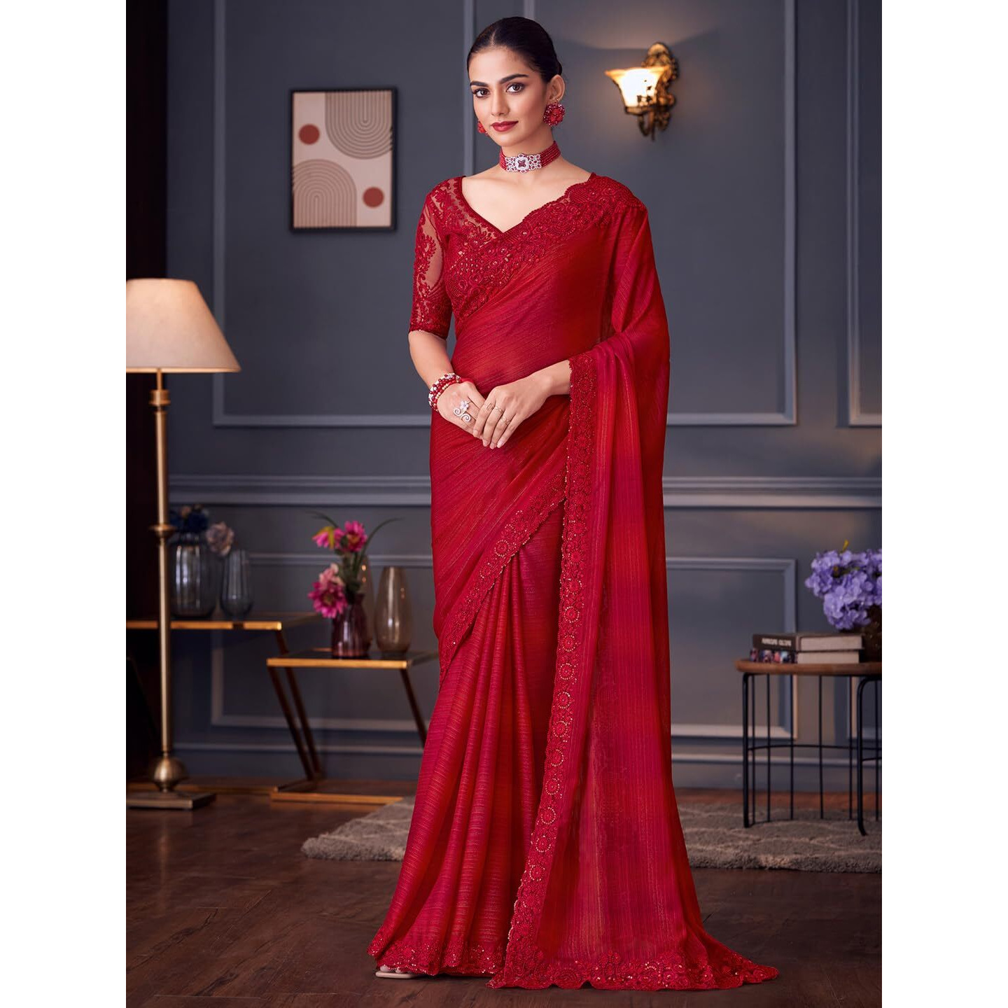 Akhilam Women's Red Pure Georgette Embroidered Saree With Unstitched Blouse (Silver30009_Tfh)