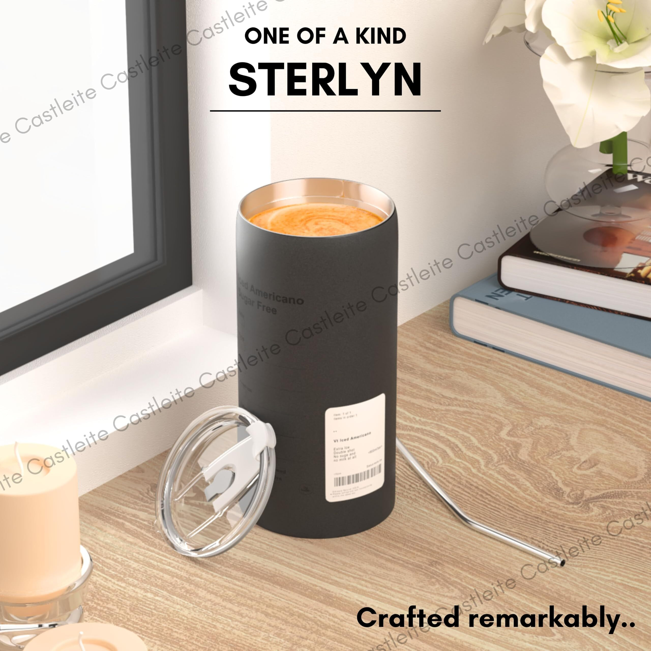Castleite Sterlyn Travel Coffee Mug 6 & 8 Hours Hot & Cold 600Ml Vacuum Insulated Stainless Steel Sipper With Straw & Spill-Proof Flip Lid, Double Walled - Vogue Portable Companion (Mettalic Silver)