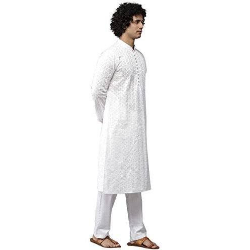 See Designs Cotton Men White Chikankari Embroidered Straight Kurta With Pyjama