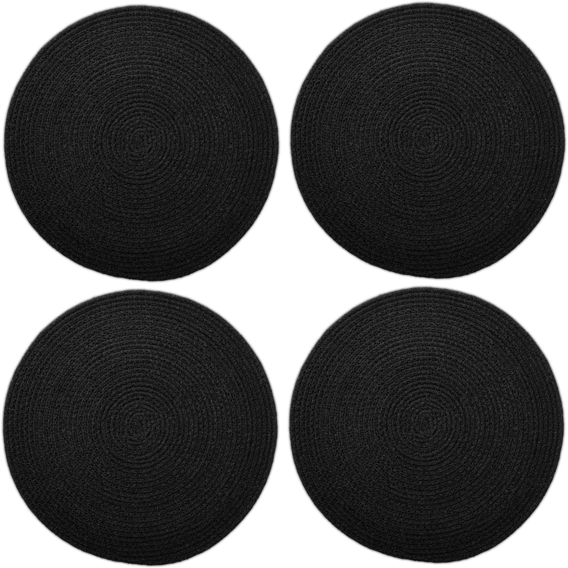 Encasa Xo Dining Table Mats Set Of 4 | Cotton Round Placemat - 35 Cm Diameter | Black | Handmade Rib Style