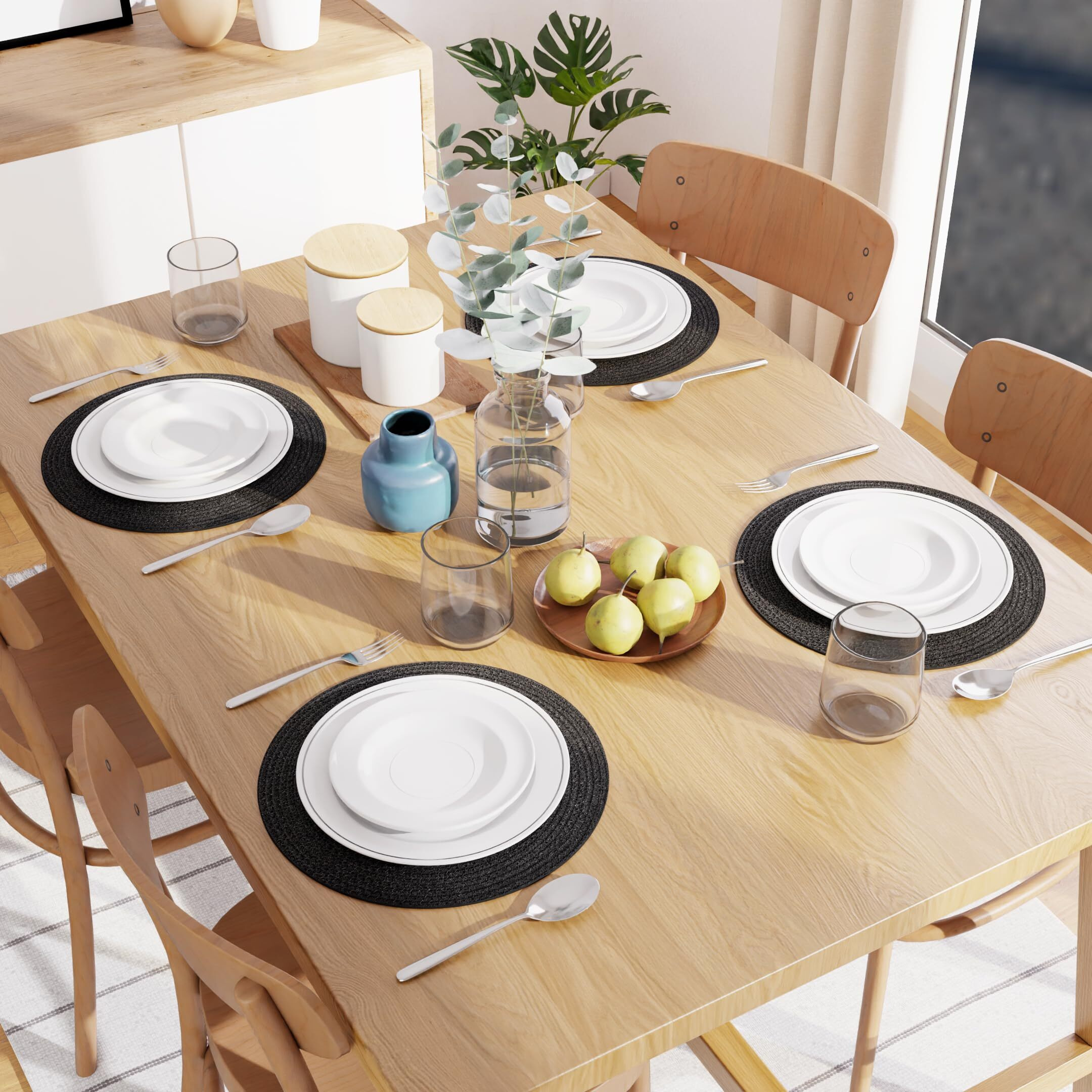Encasa Xo Dining Table Mats Set Of 4 | Cotton Round Placemat - 35 Cm Diameter | Black | Handmade Rib Style