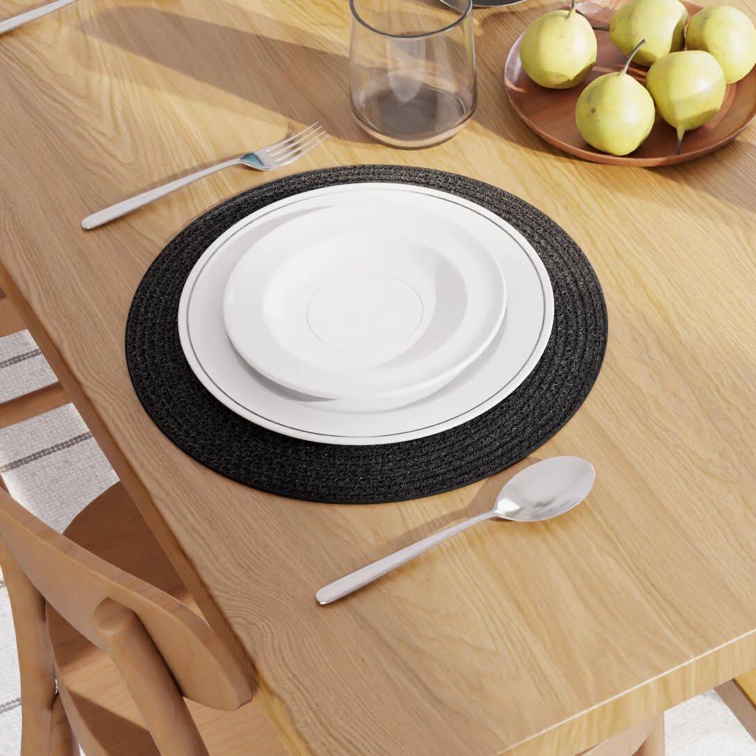 Encasa Xo Dining Table Mats Set Of 4 | Cotton Round Placemat - 35 Cm Diameter | Black | Handmade Rib Style