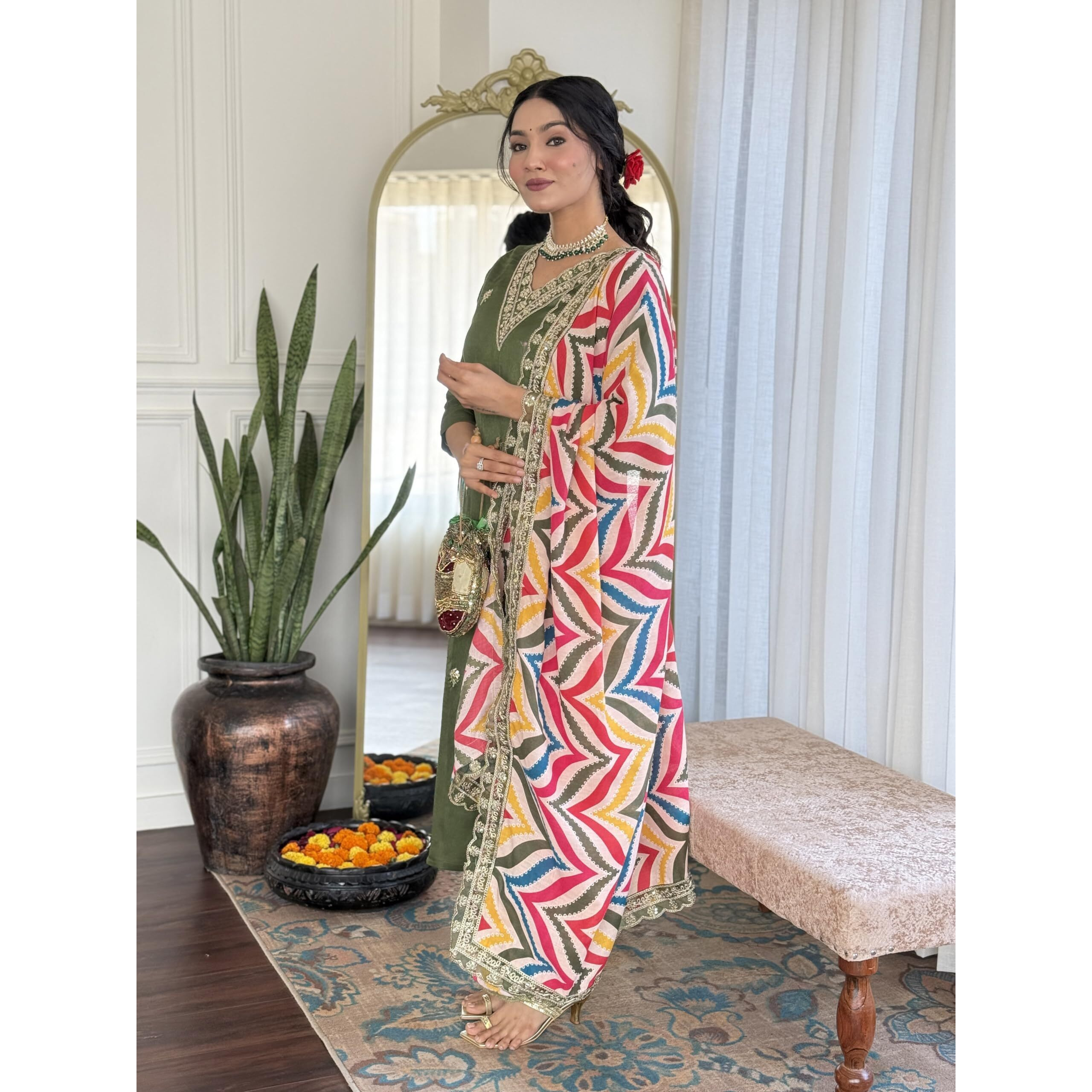 Naixa Women's Pista Viscose Embroidered Straight Kurta With Viscose Pant And Silk Blend Printed Dupatta Sets (Nx-467-Pista-Xxl)
