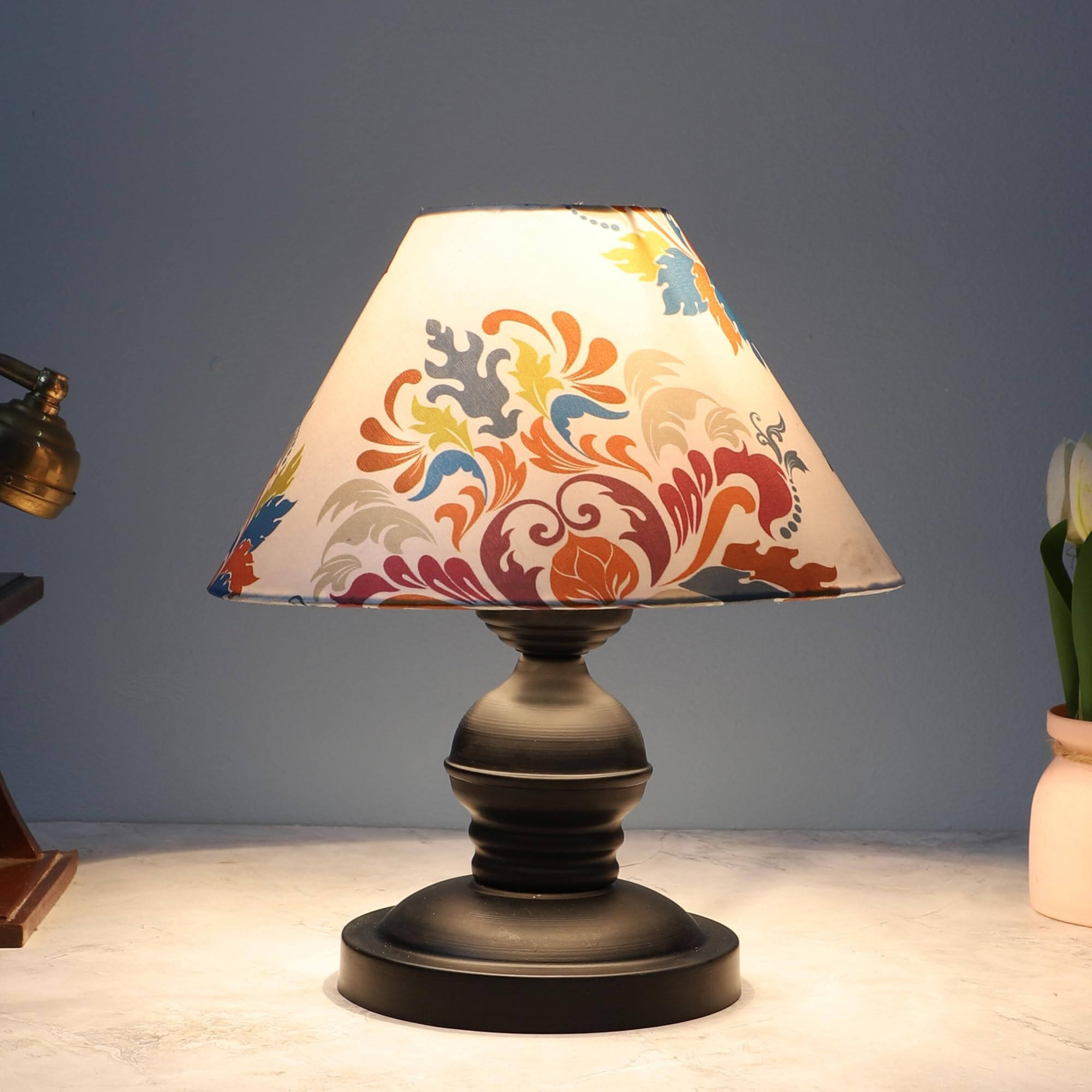 Tu Casa Urban Radiance Black Metal Table Lamp For Home Decoration, Bedroom, Living Room, Lounge, Office, Festival Gifting, Study Table (English Oak Print With Satin Shade) H - 10" / No Blub