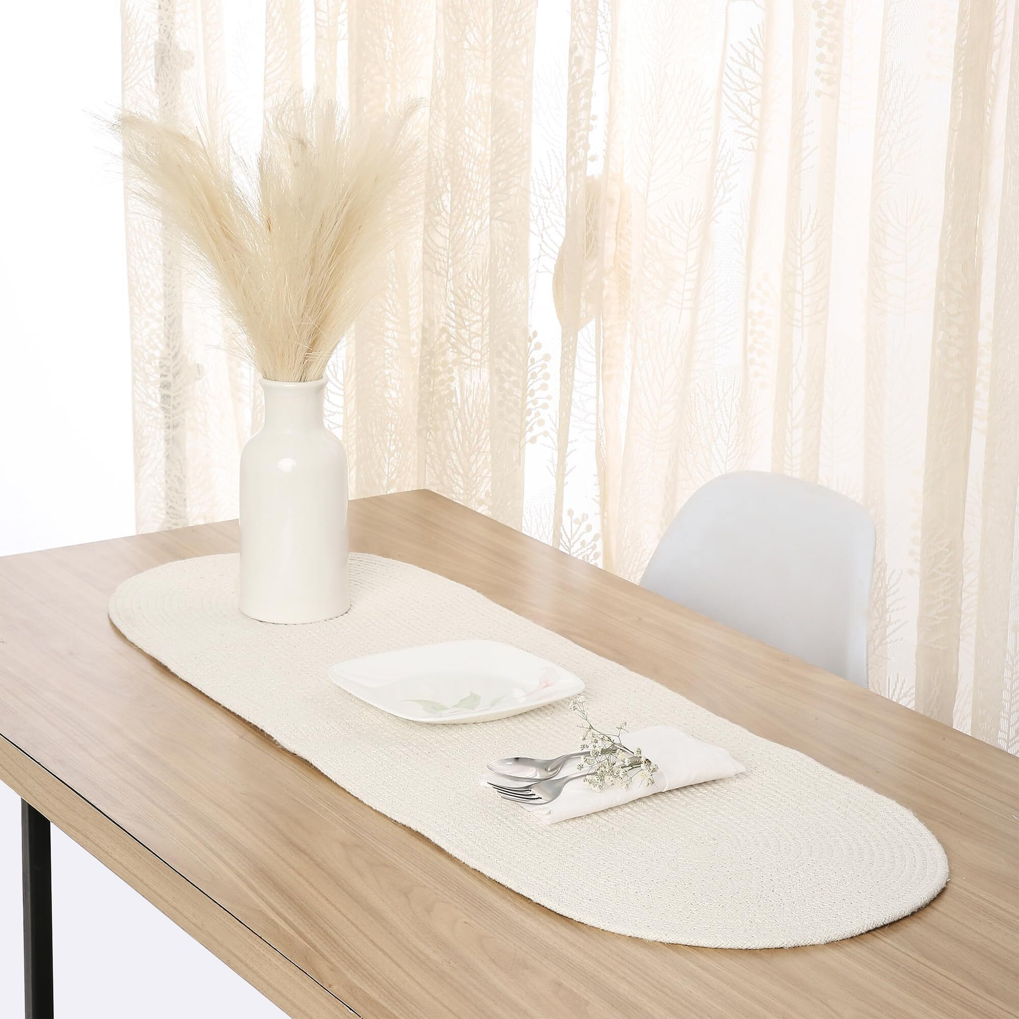 Encasa Xo Table Runner For 4 Seater | Handmade Ribbed Style Cotton | 30X91 Cm | Off White | For Dining & Center Table
