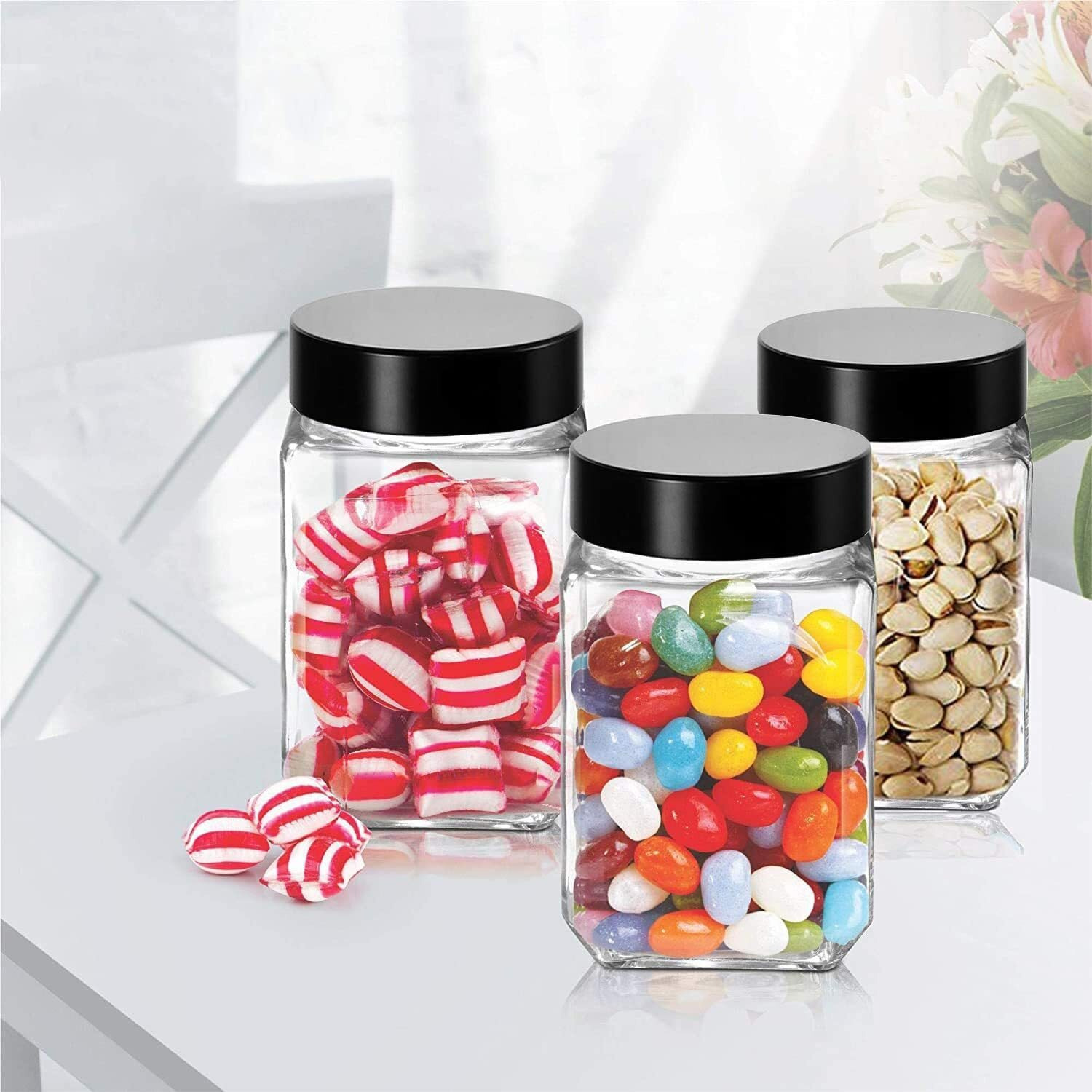Piramal Glass Square Clear Jars & Containers For Kitchen Pantry, Snacks, Masala, Honey, Pickles, Cookies, Dry Fruits, Coffee Beans Storage With Black Color Plastic Lid (Cube Jar)(300Ml, Set Of 4)