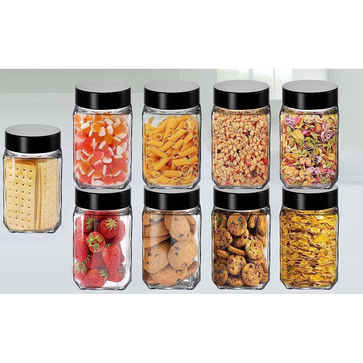 Piramal Glass Square Clear Jars & Containers For Kitchen Pantry, Snacks, Masala, Honey, Pickles, Cookies, Dry Fruits, Coffee Beans Storage With Black Color Plastic Lid (Cube Jar)(300Ml, Set Of 4)