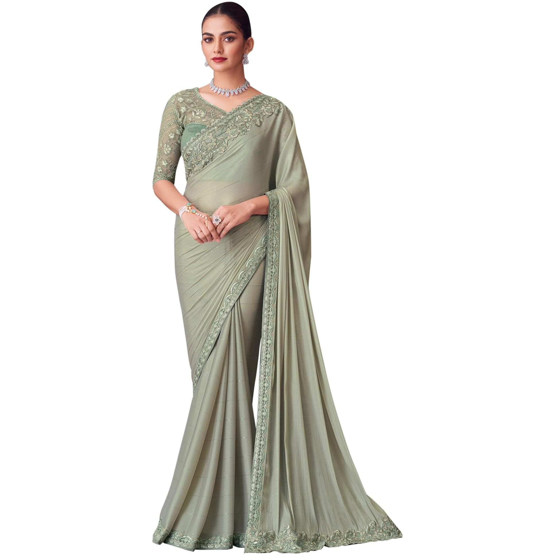 Akhilam Women's Light Green Pure Chiffon Embroidered Saree With Unstitched Blouse (Silver30003_Tfh)
