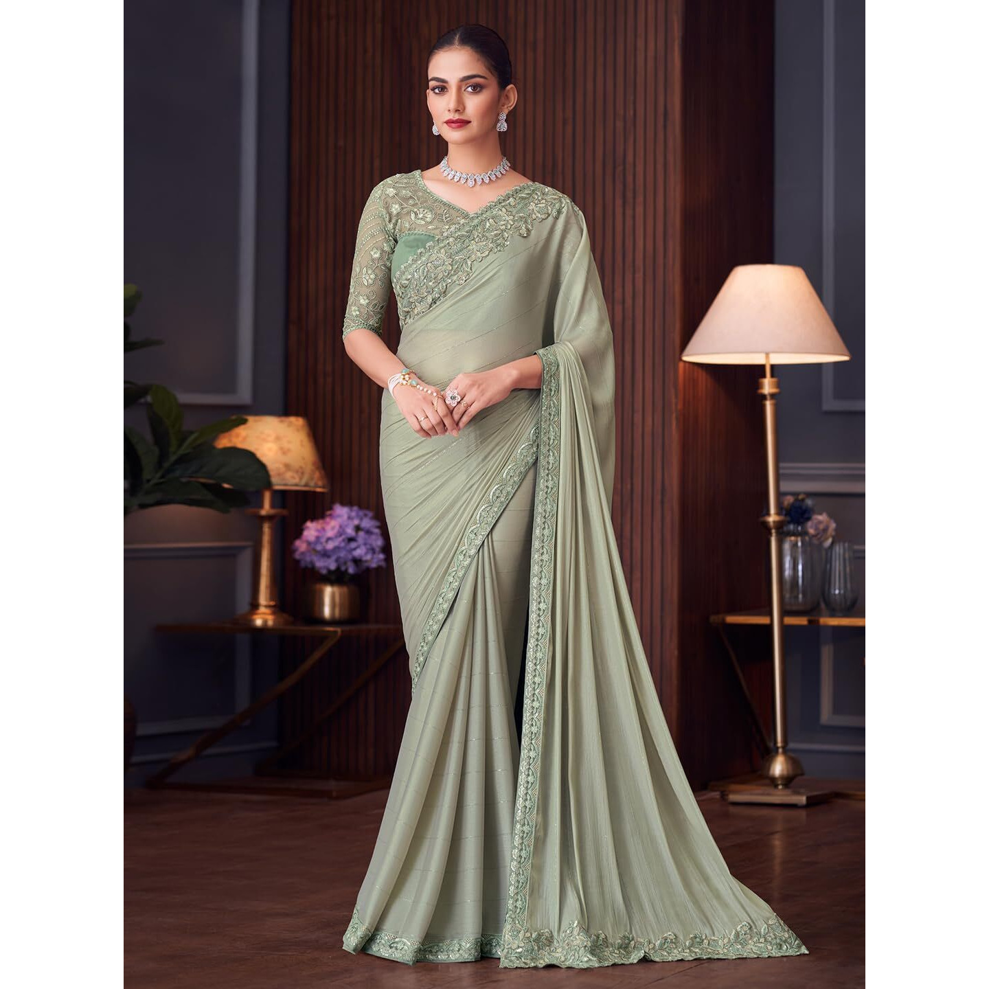 Akhilam Women's Light Green Pure Chiffon Embroidered Saree With Unstitched Blouse (Silver30003_Tfh)