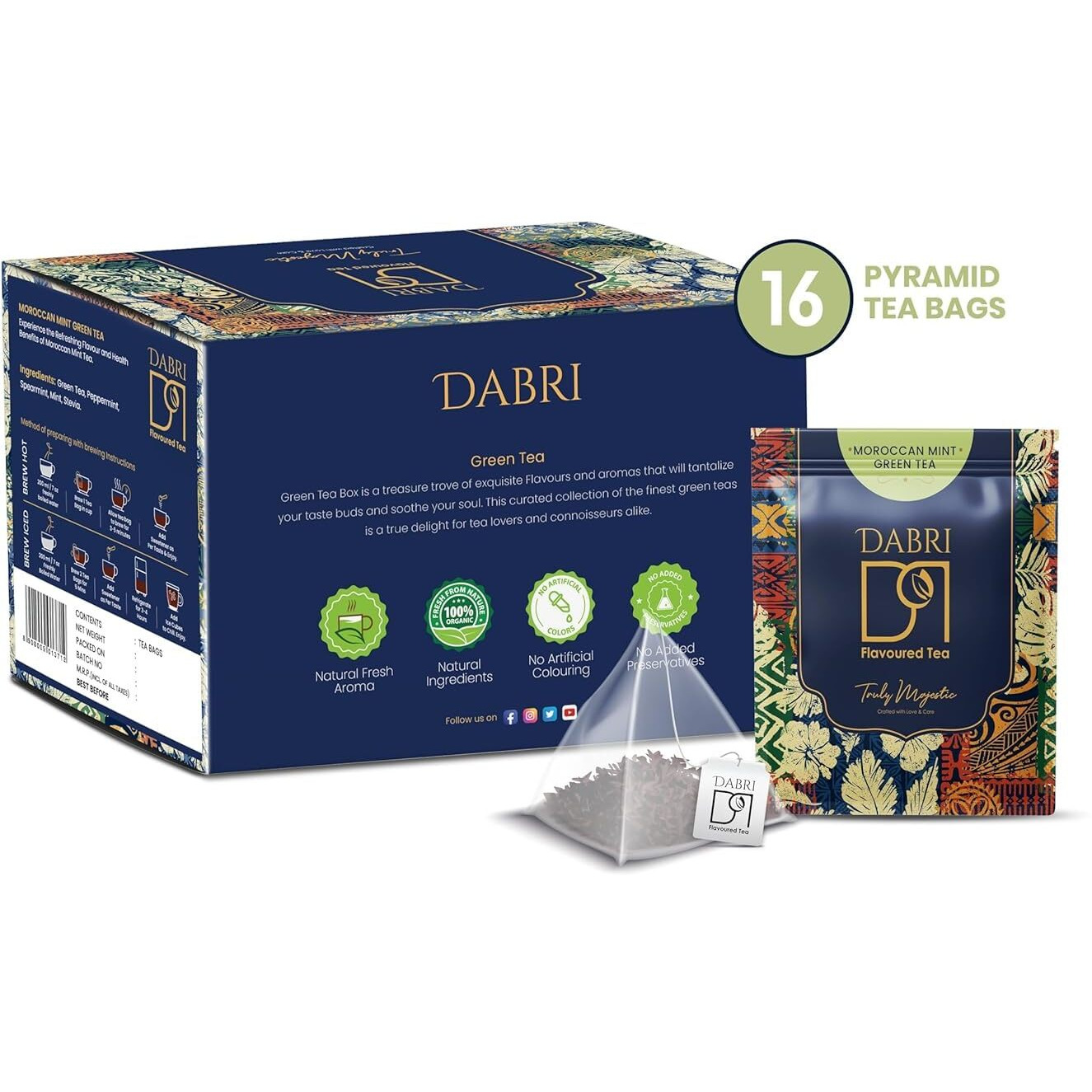 Dabri Moroccan Mint Green Tea Bags 16 Pyramid Bags For Help For Weight Management, Reduce Stress & Maintain Blood Pressure (Pack Of 2 X 16 Pyramid Bags)