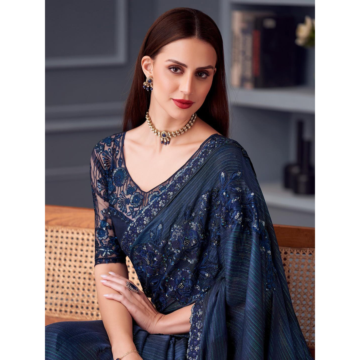 Akhilam Women's Navy Blue Pure Georgette Embroidered Saree With Unstitched Blouse (Silver30008_Tfh)