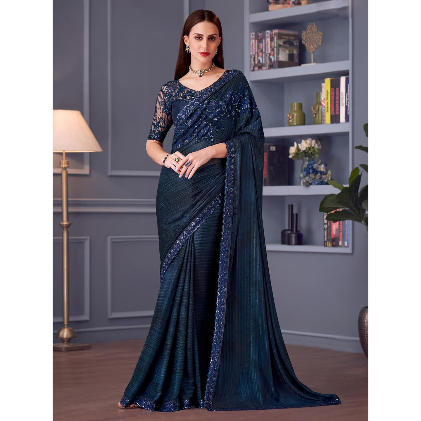 Akhilam Women's Navy Blue Pure Georgette Embroidered Saree With Unstitched Blouse (Silver30008_Tfh)