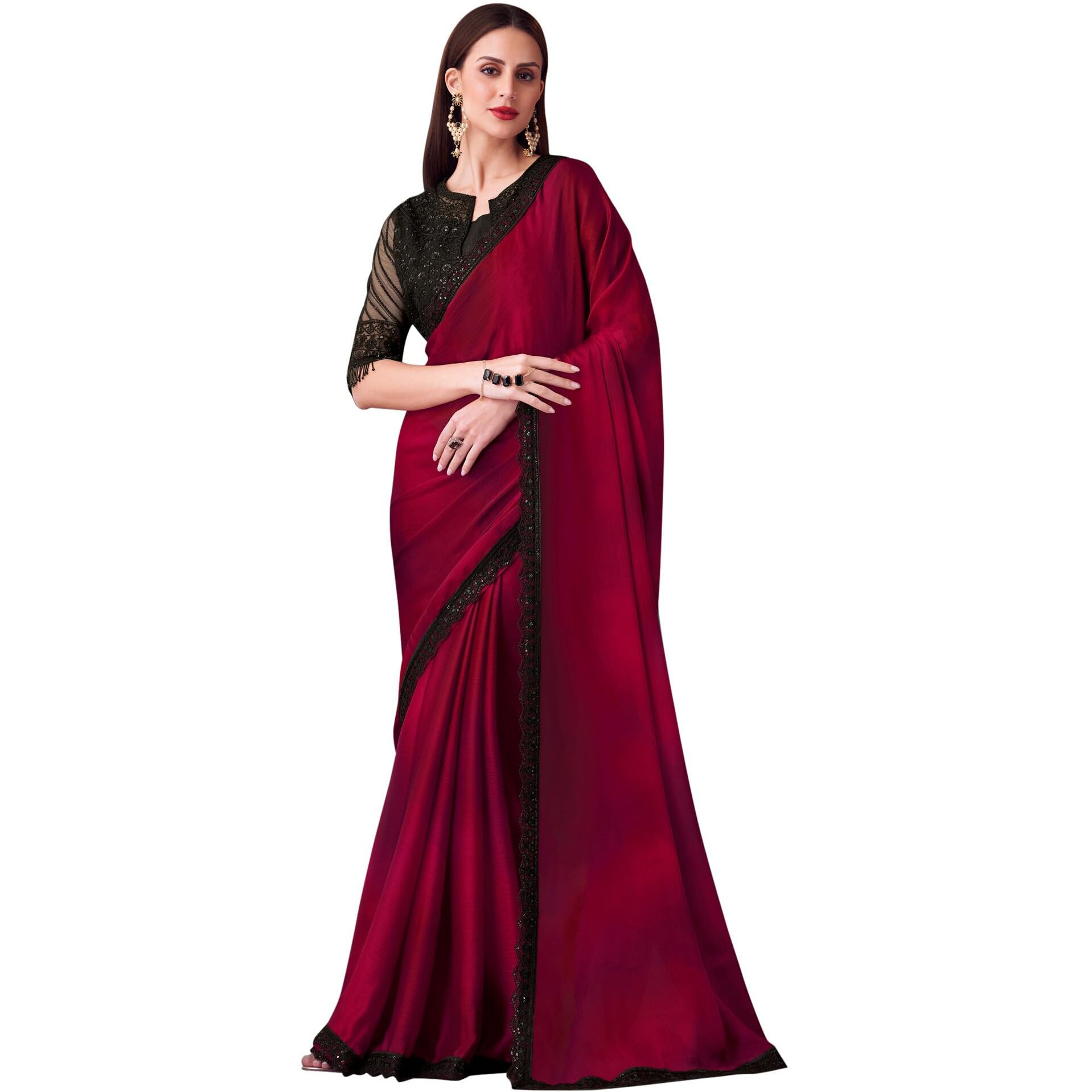 Akhilam Women's Pink Satin Silk Embroidered Saree With Unstitched Blouse (Silver30018_Tfh)