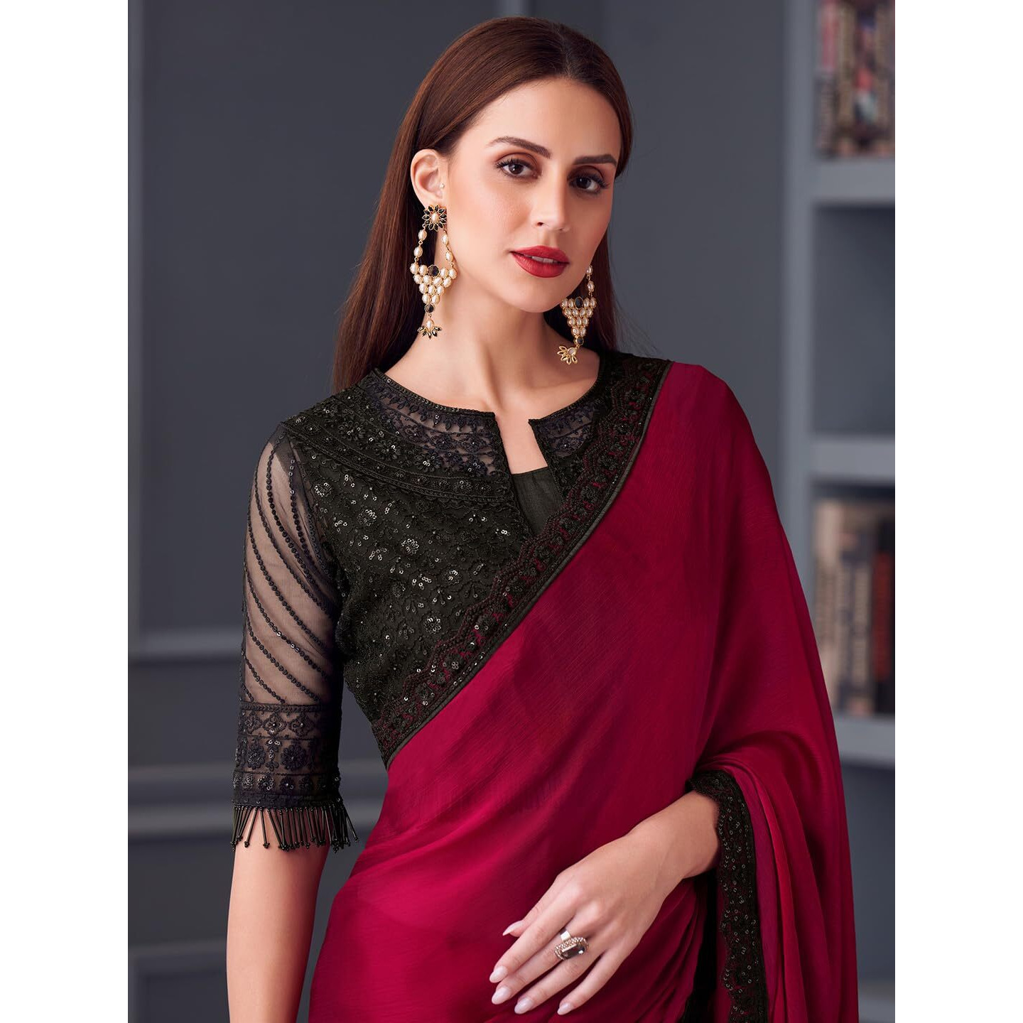 Akhilam Women's Pink Satin Silk Embroidered Saree With Unstitched Blouse (Silver30018_Tfh)