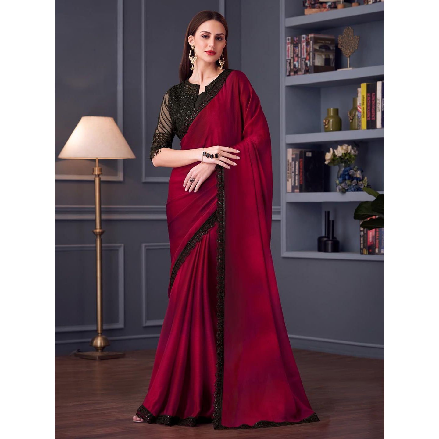 Akhilam Women's Pink Satin Silk Embroidered Saree With Unstitched Blouse (Silver30018_Tfh)