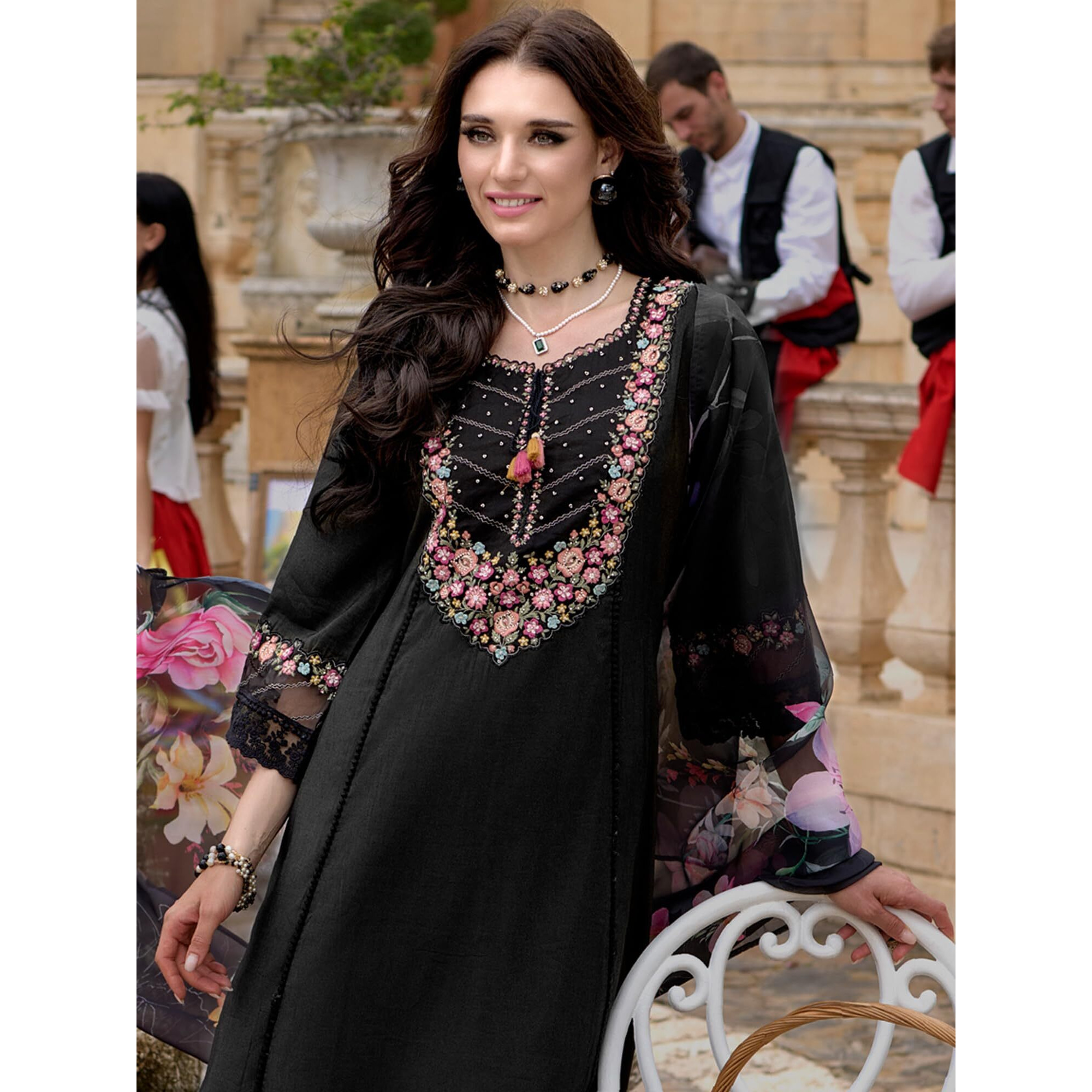 Indo Era Women's Black Silk Blend Embroidered A-Line Kurta & Pant With Dupatta Set (Ieout6683_Small)