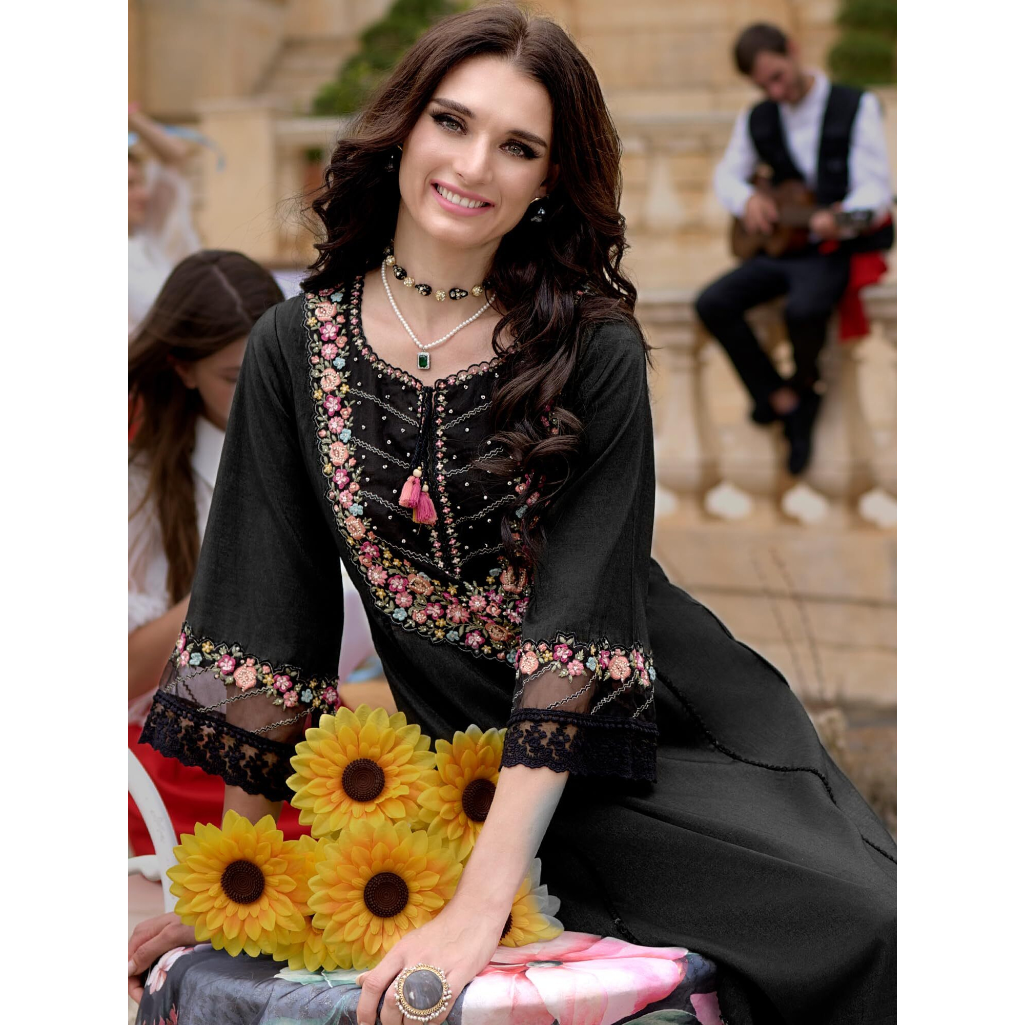 Indo Era Women's Black Silk Blend Embroidered A-Line Kurta & Pant With Dupatta Set (Ieout6683_Small)