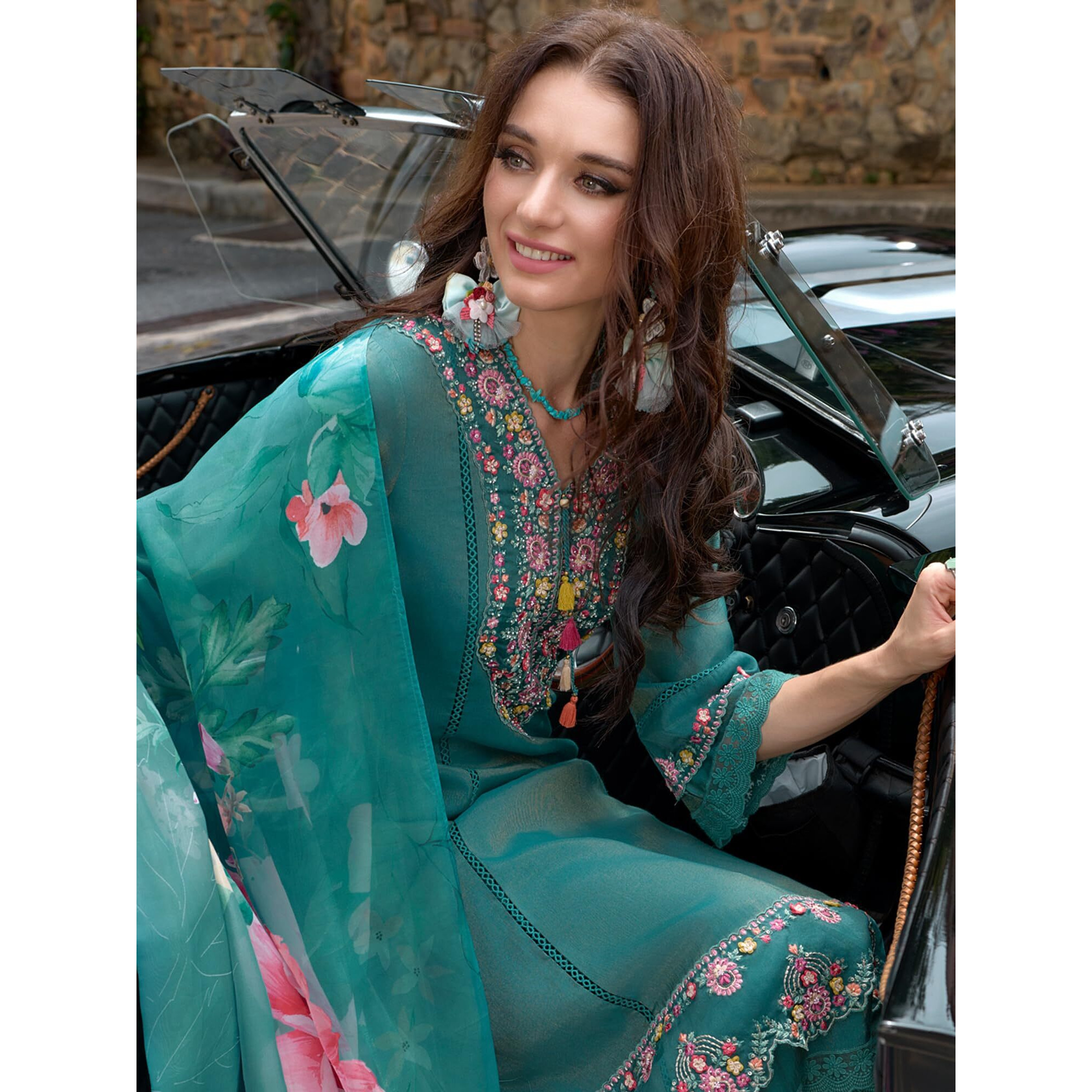 Indo Era Women's Blue Silk Blend Embroidered A-Line Kurta And Pant With Dupatta Set (Ieout6680_Medium)