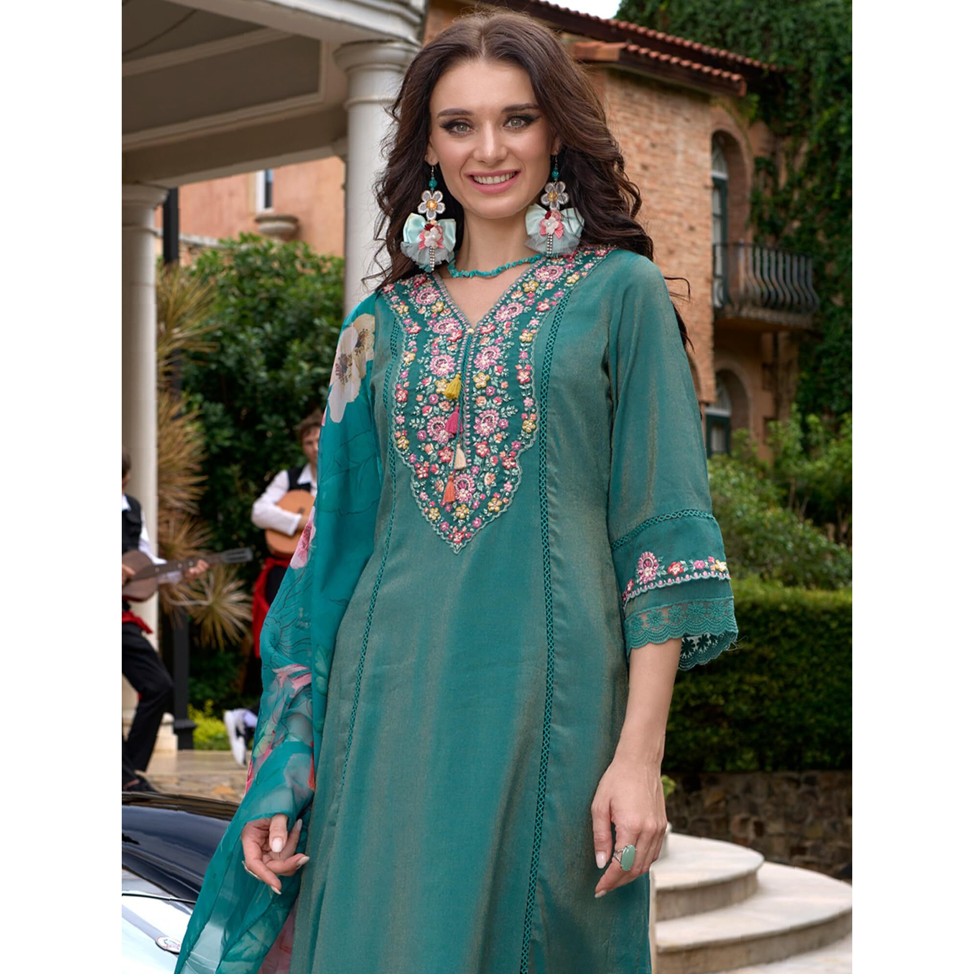 Indo Era Women's Blue Silk Blend Embroidered A-Line Kurta And Pant With Dupatta Set (Ieout6680_Medium)