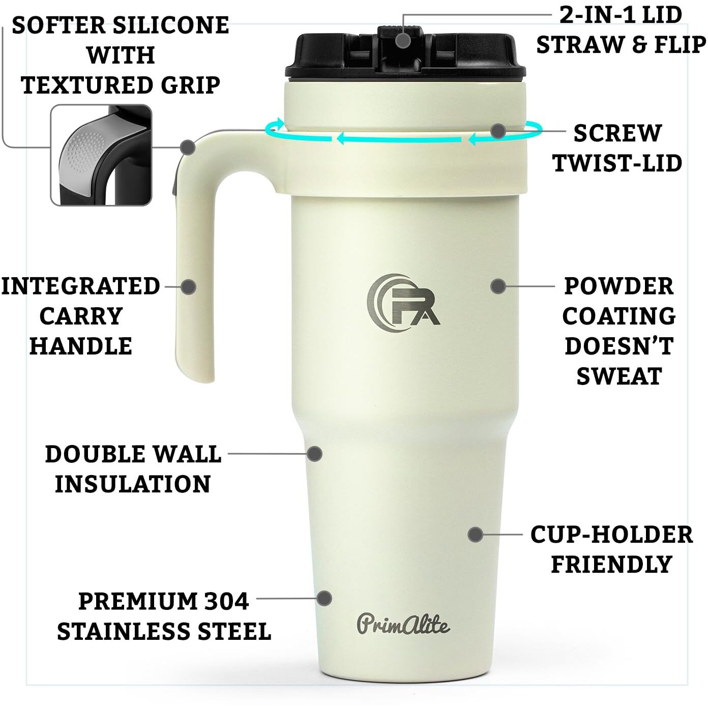Primalite 1200Ml Stainless Steel Insulated Tumbler With Handle | 2-In-1 Straw & Flip Lid | 40Oz Travel Mug Bottle For Hot, Cold Drink | Fits In Car Cupholder For Water, Iced Tea, Coffee- Creamy Beige